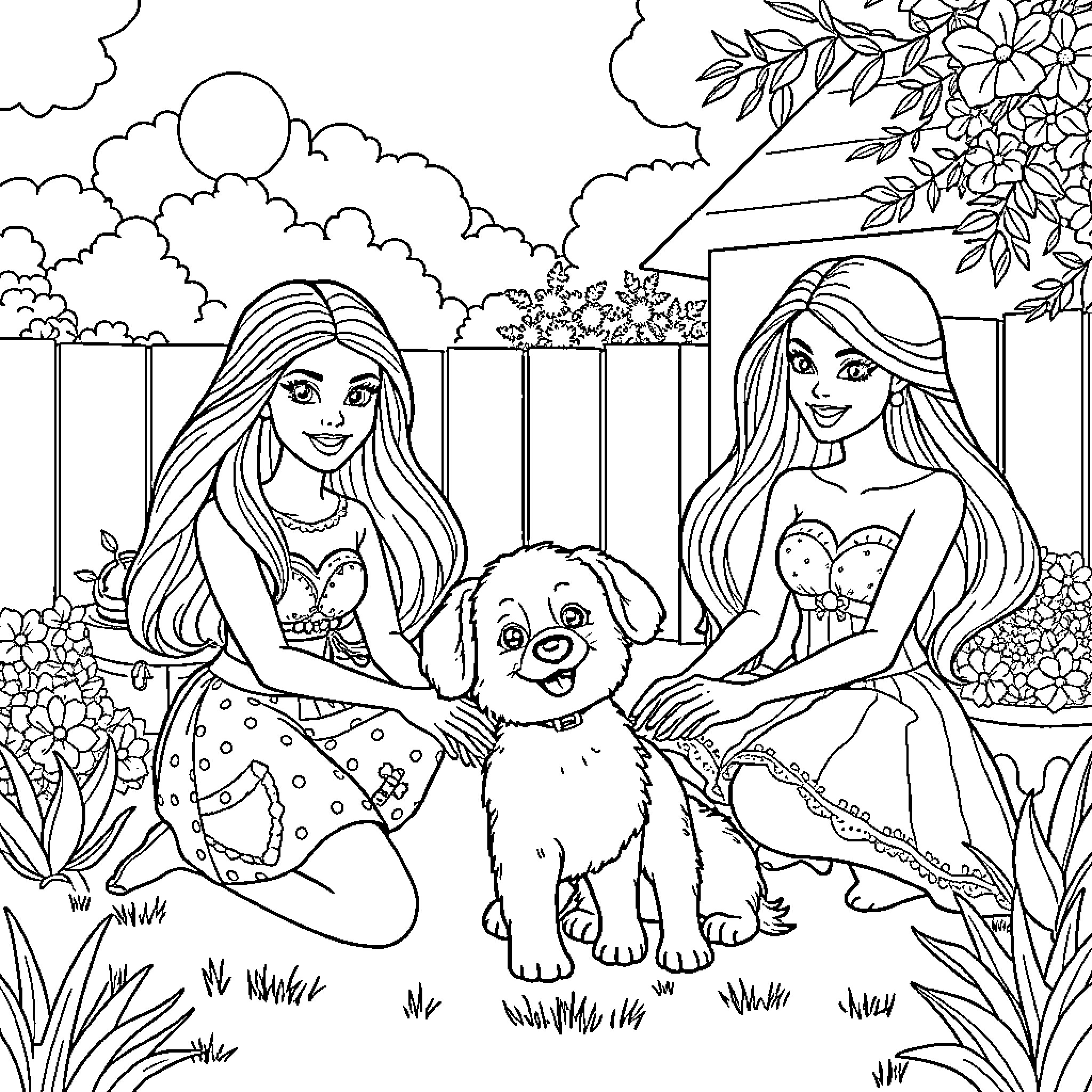 Barbie and her friends enjoying the outdoors Coloring Page (free black-and-white line drawing printable PDF for all, from beginners to advanced learners, including children, teens, adults, and seniors)