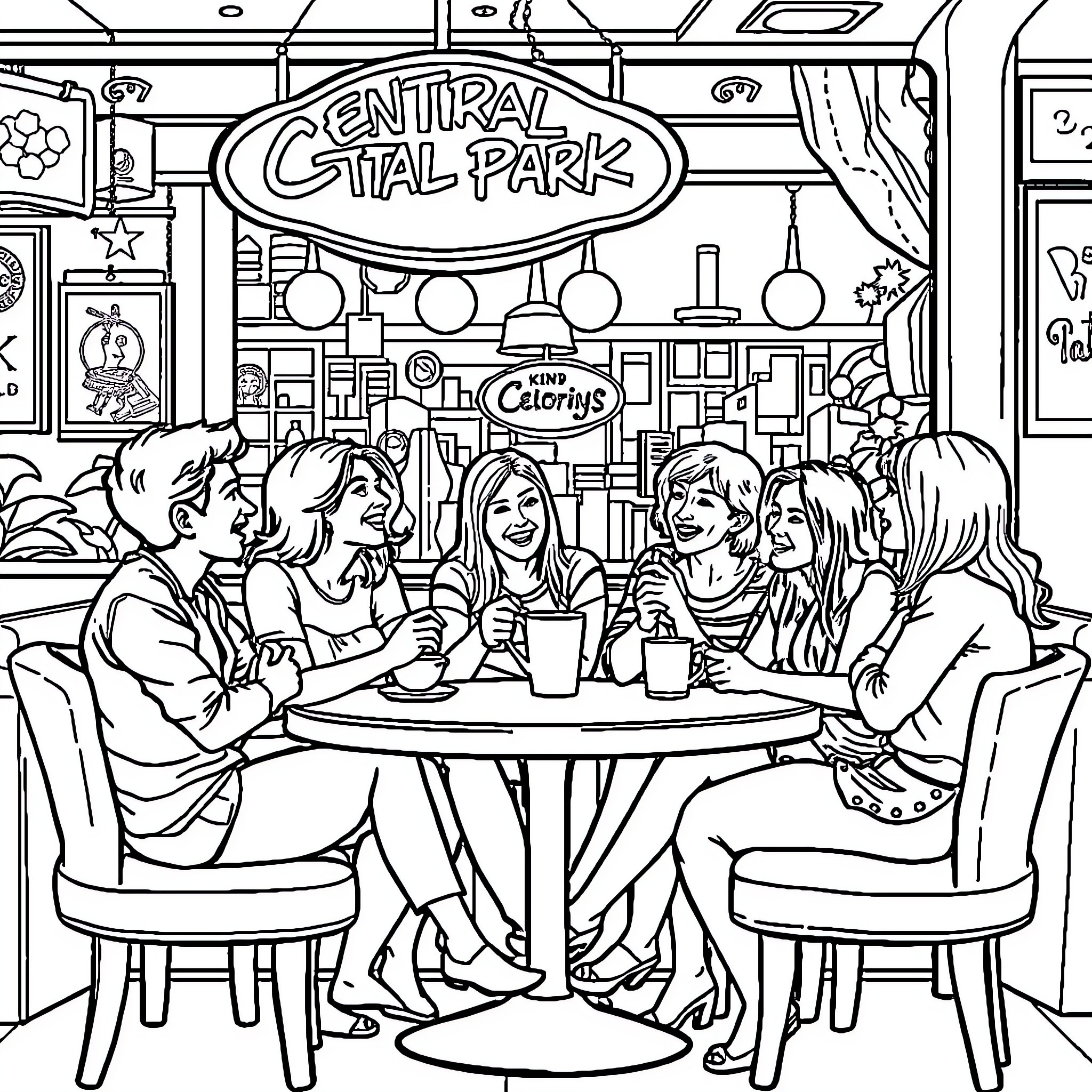 Friends gathering for a casual meetup at the Central Park cafe Coloring Page (free black-and-white line drawing printable PDF for all, from beginners to advanced learners, including children, teens, adults, and seniors)