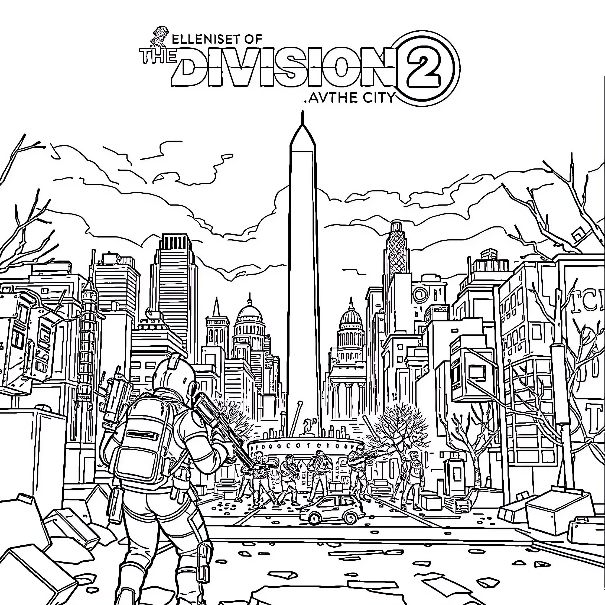 Division 2: Agents Explore the Ruined City Coloring Page (free black-and-white line drawing printable PDF for all, from beginners to advanced learners, including children, teens, adults, and seniors)