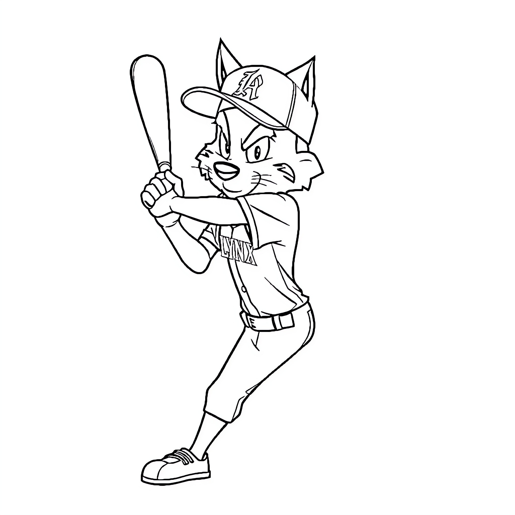 Lynx baseball player with bat in action Coloring Page (free black-and-white line drawing printable PDF for all, from beginners to advanced learners, including children, teens, adults, and seniors)