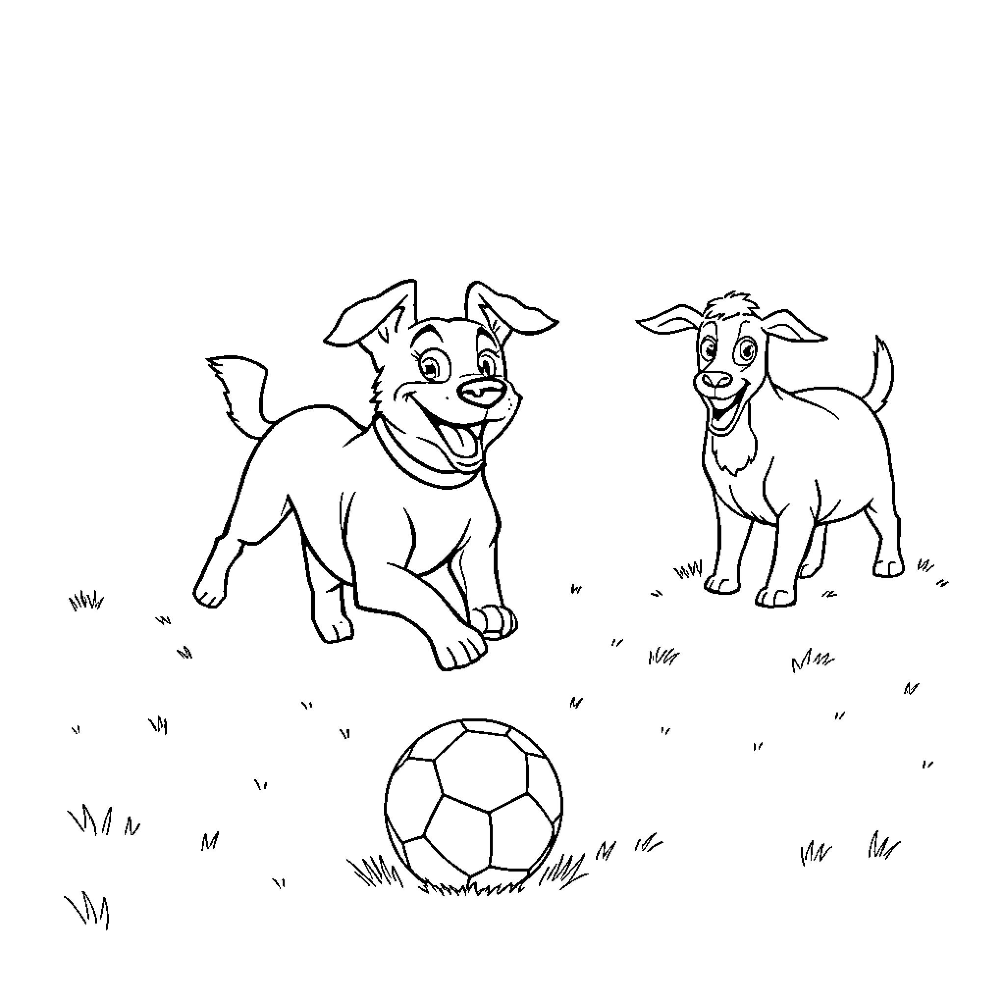 Dog friends playing with soccer ball in the park Coloring Page (free black-and-white line drawing printable PDF for all, from beginners to advanced learners, including children, teens, adults, and seniors)