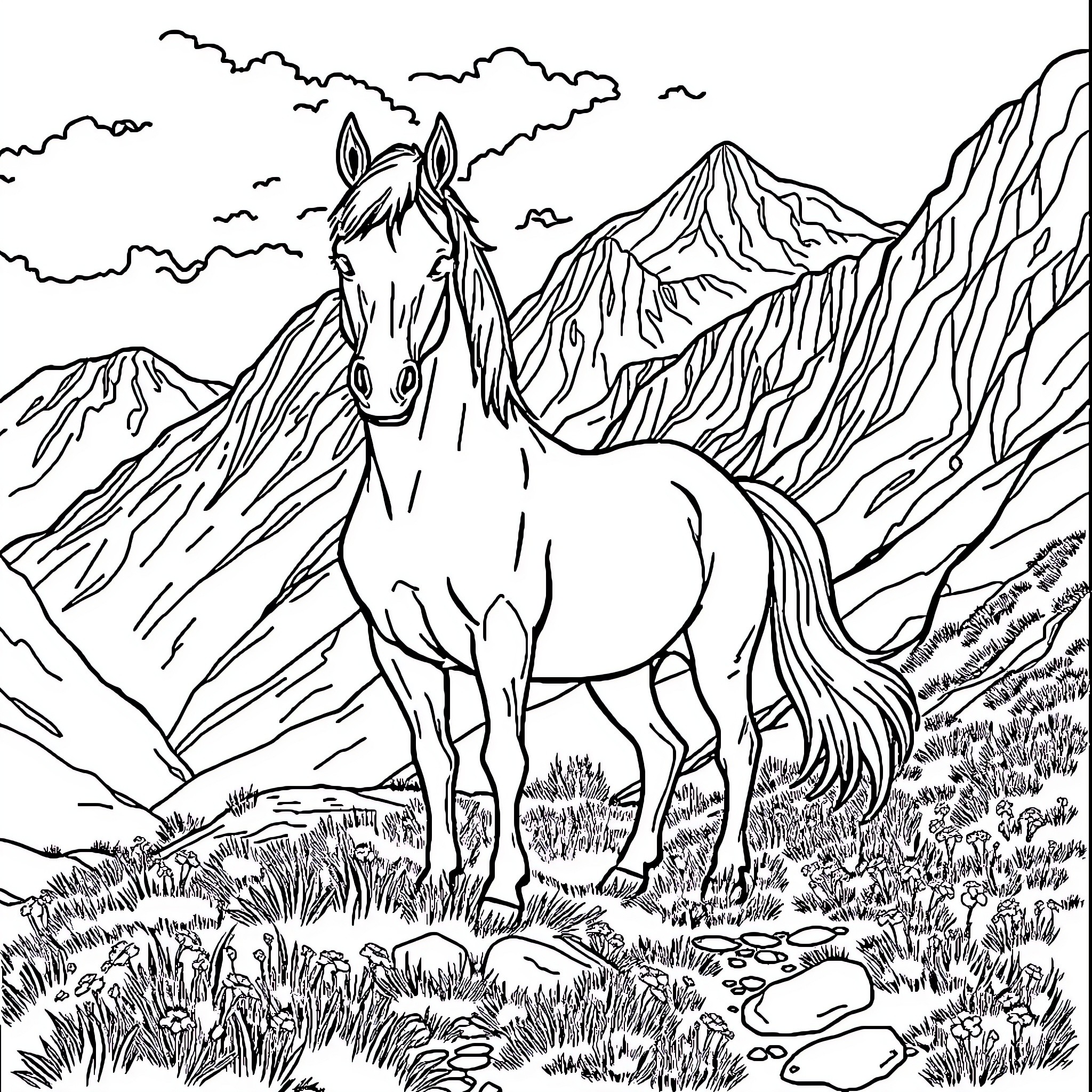 Horse standing amidst scenic mountain landscape Coloring Page (free black-and-white line drawing printable PDF for all, from beginners to advanced learners, including children, teens, adults, and seniors)