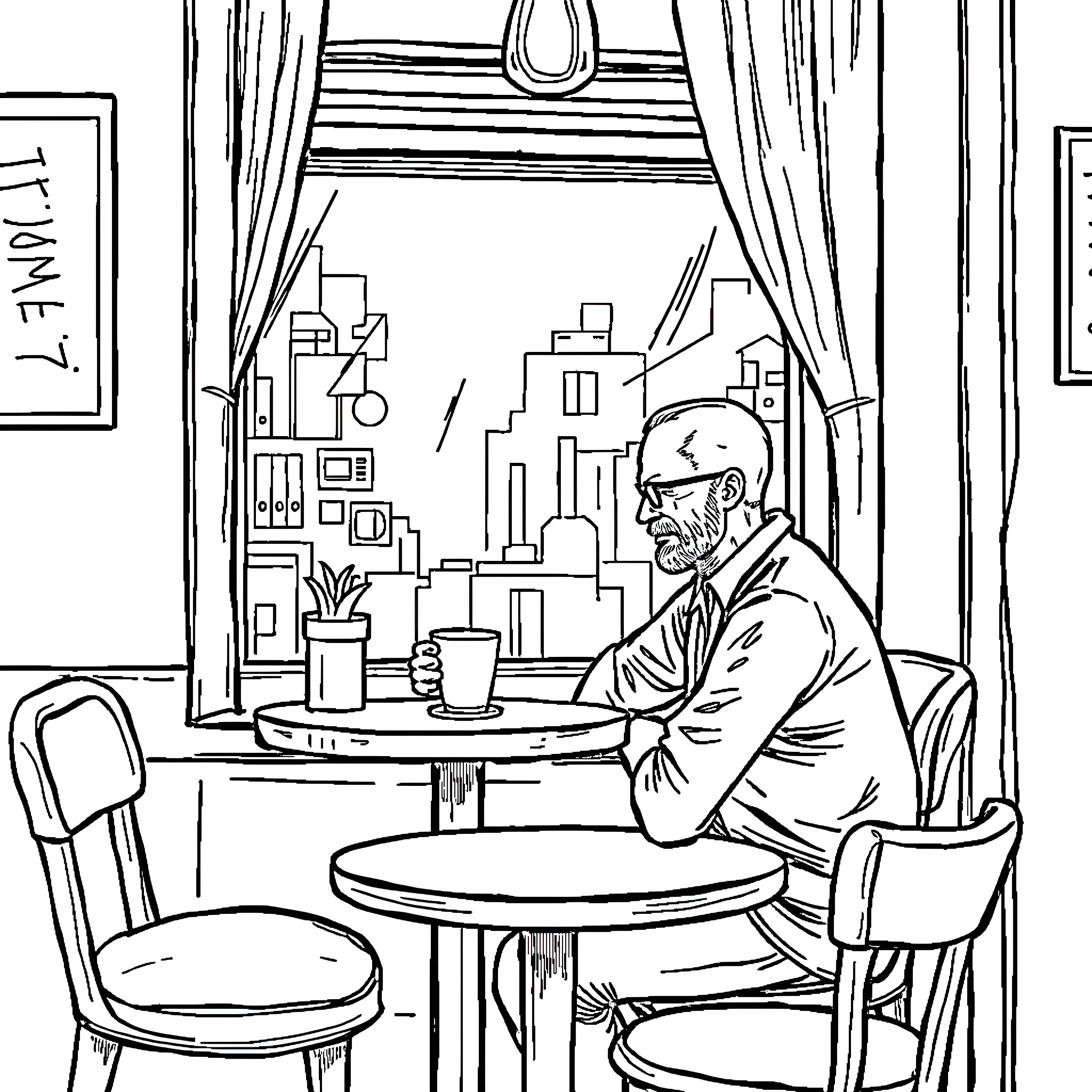 Walter White contemplating in his office Coloring Page (free black-and-white line drawing printable PDF for all, from beginners to advanced learners, including children, teens, adults, and seniors)