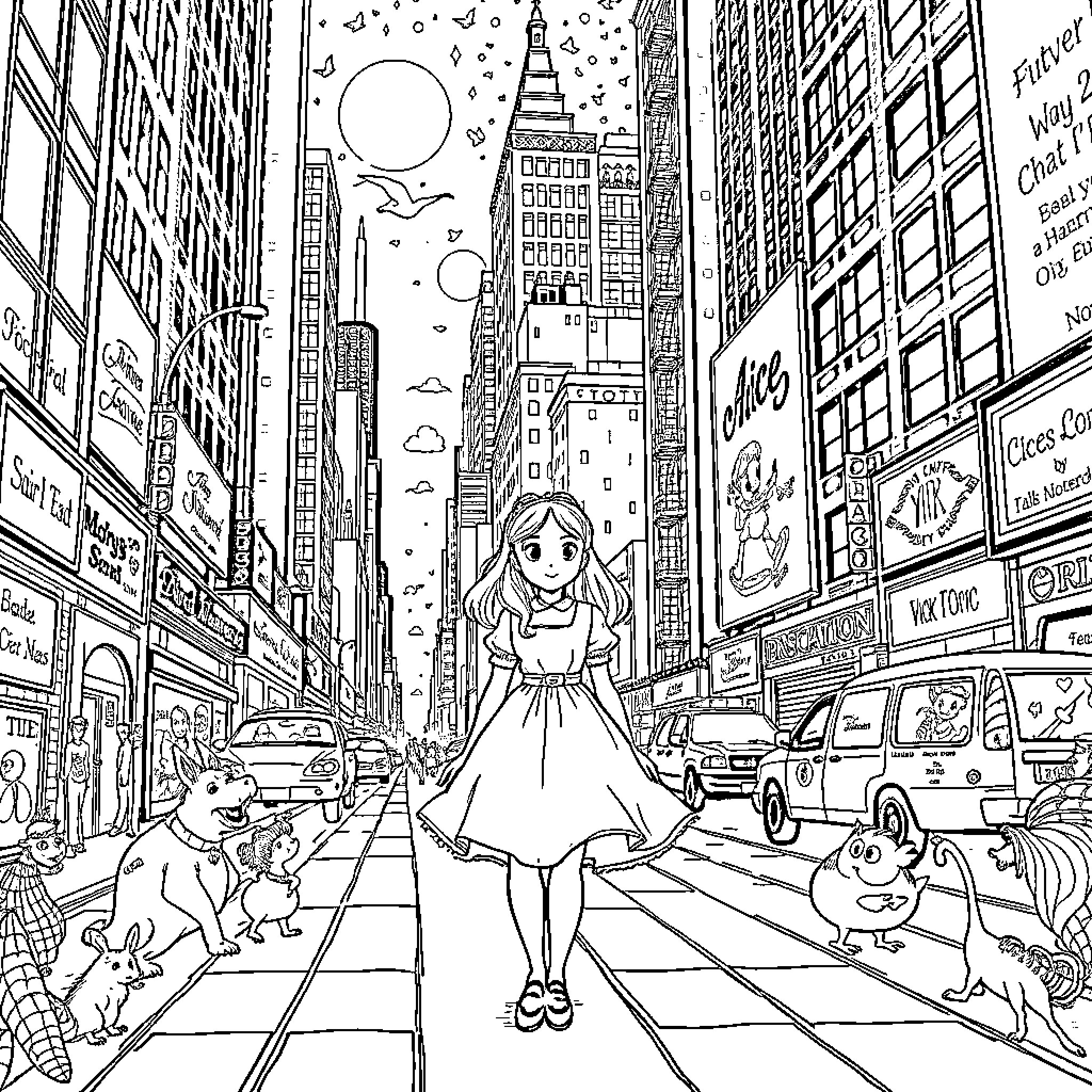 Alice in the Bustling City Coloring Page (free black-and-white line drawing printable PDF for all, from beginners to advanced learners, including children, teens, adults, and seniors)