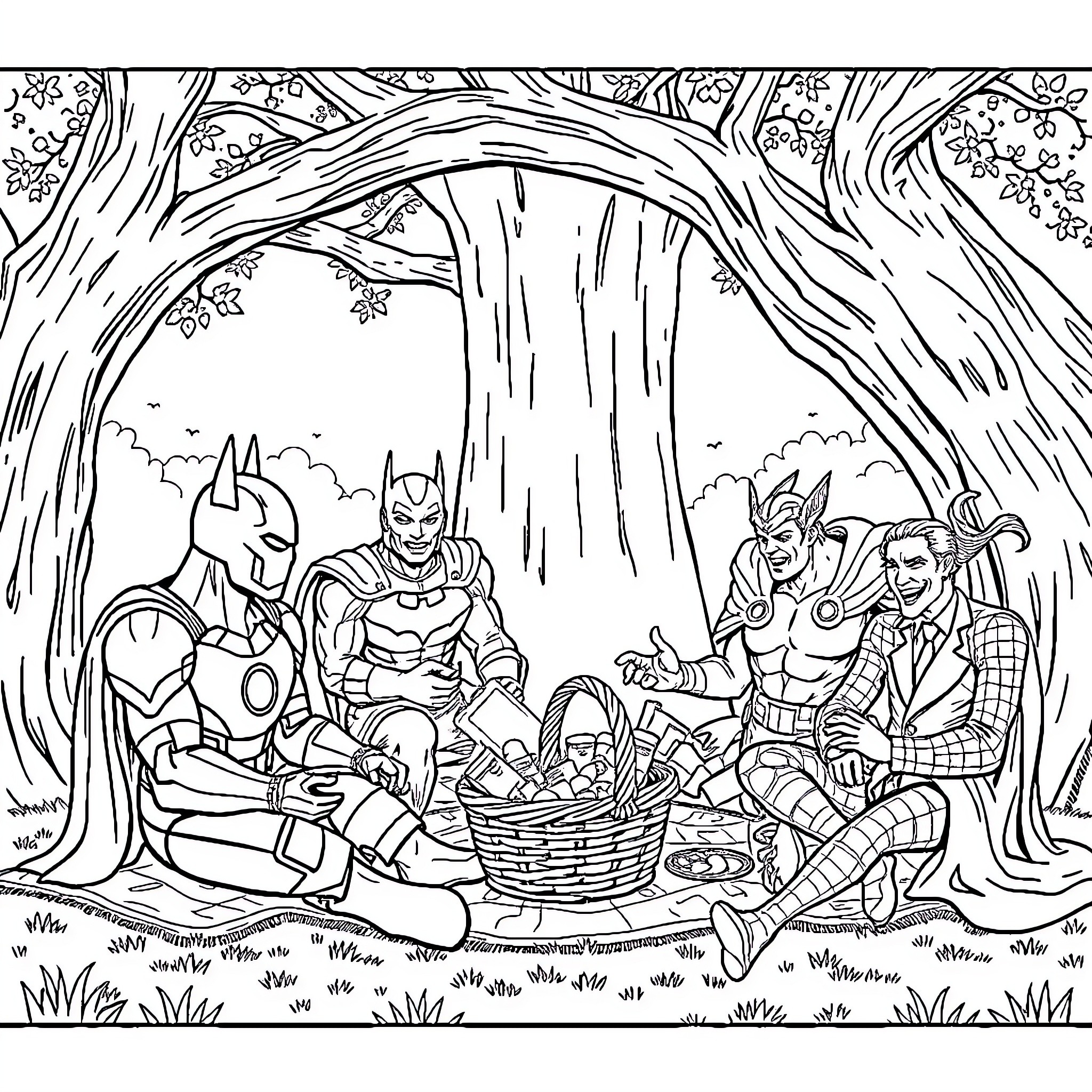 Ironman heroes enjoying a picnic in the enchanted forest Coloring Page (free black-and-white line drawing printable PDF for all, from beginners to advanced learners, including children, teens, adults, and seniors)