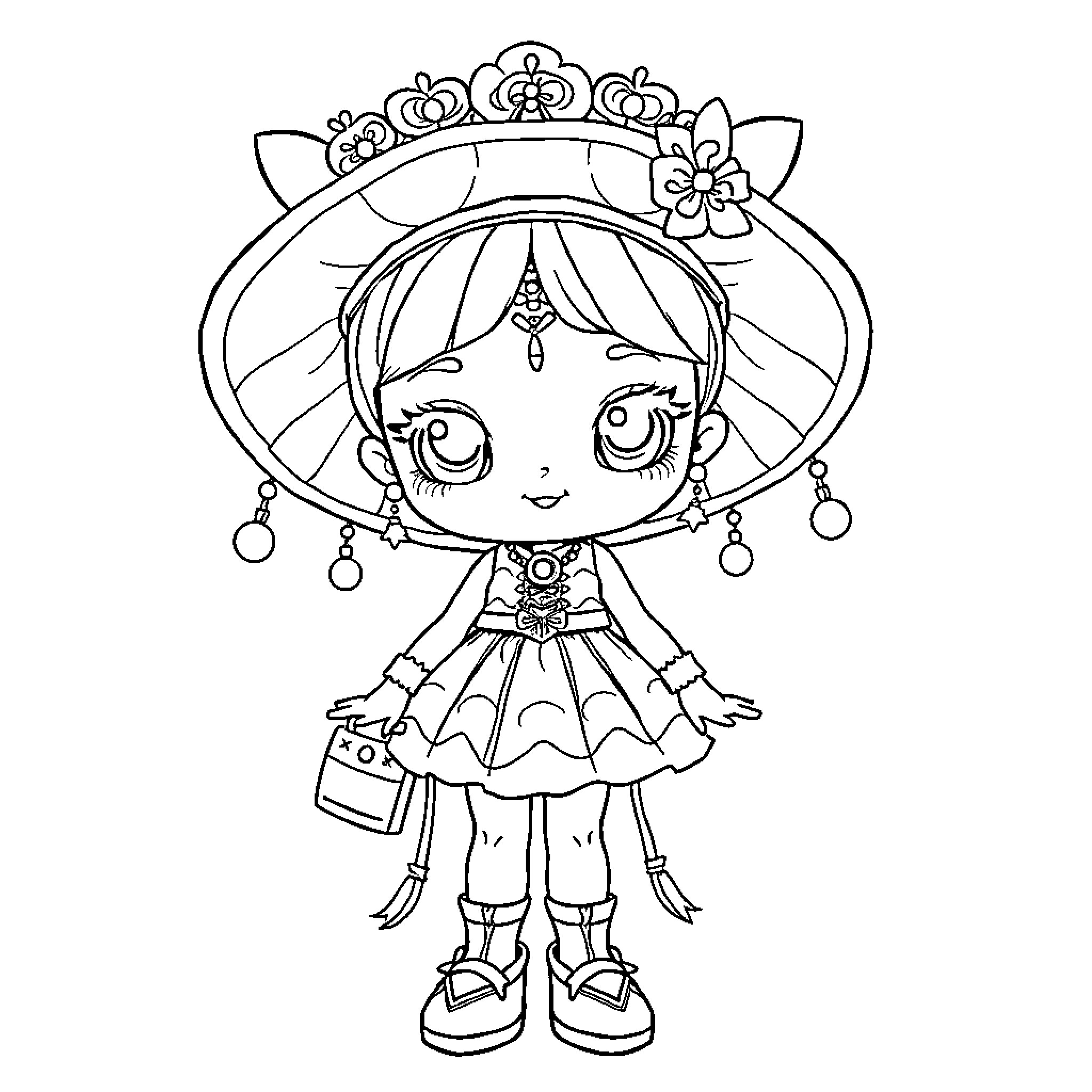 Doll wearing a princess-inspired outfit with a crown Coloring Page (free black-and-white line drawing printable PDF for all, from beginners to advanced learners, including children, teens, adults, and seniors)