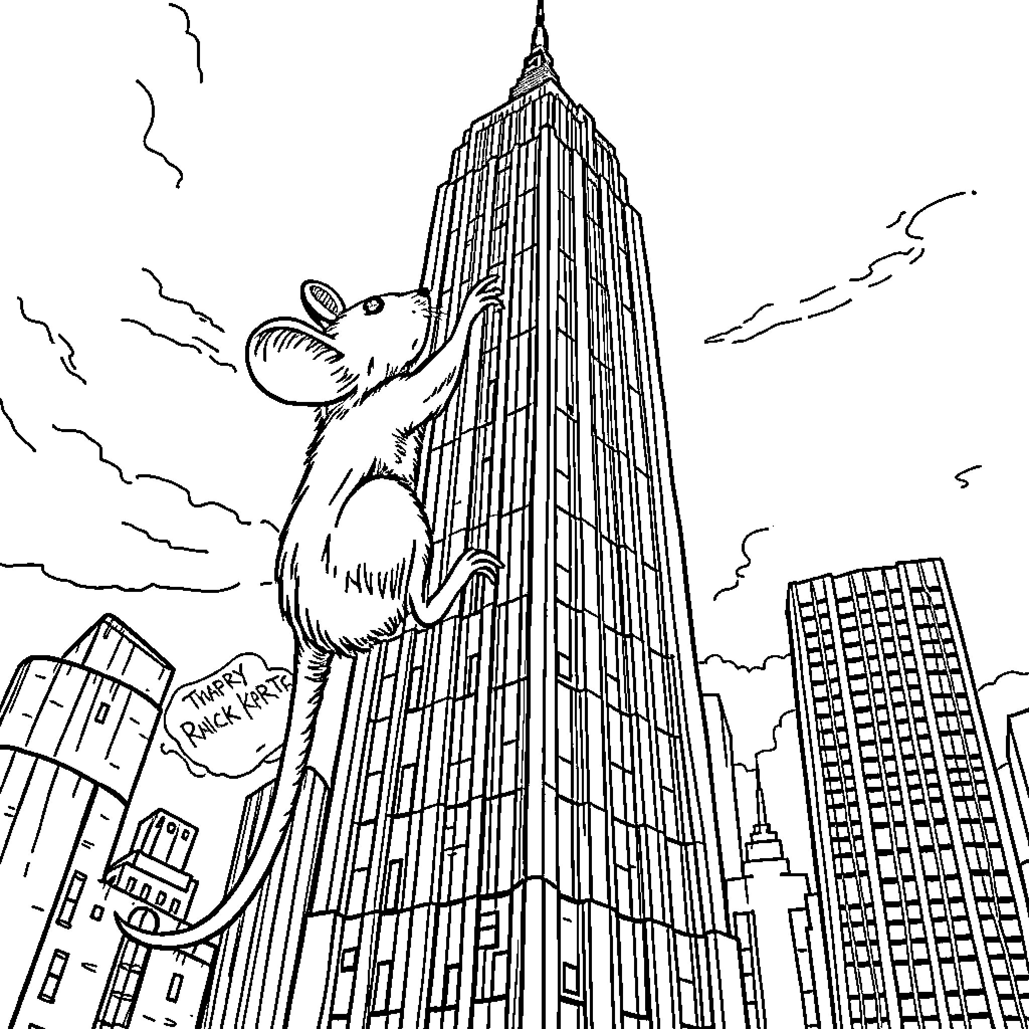 Mouse scaling the Empire State Building Coloring Page (free black-and-white line drawing printable PDF for all, from beginners to advanced learners, including children, teens, adults, and seniors)