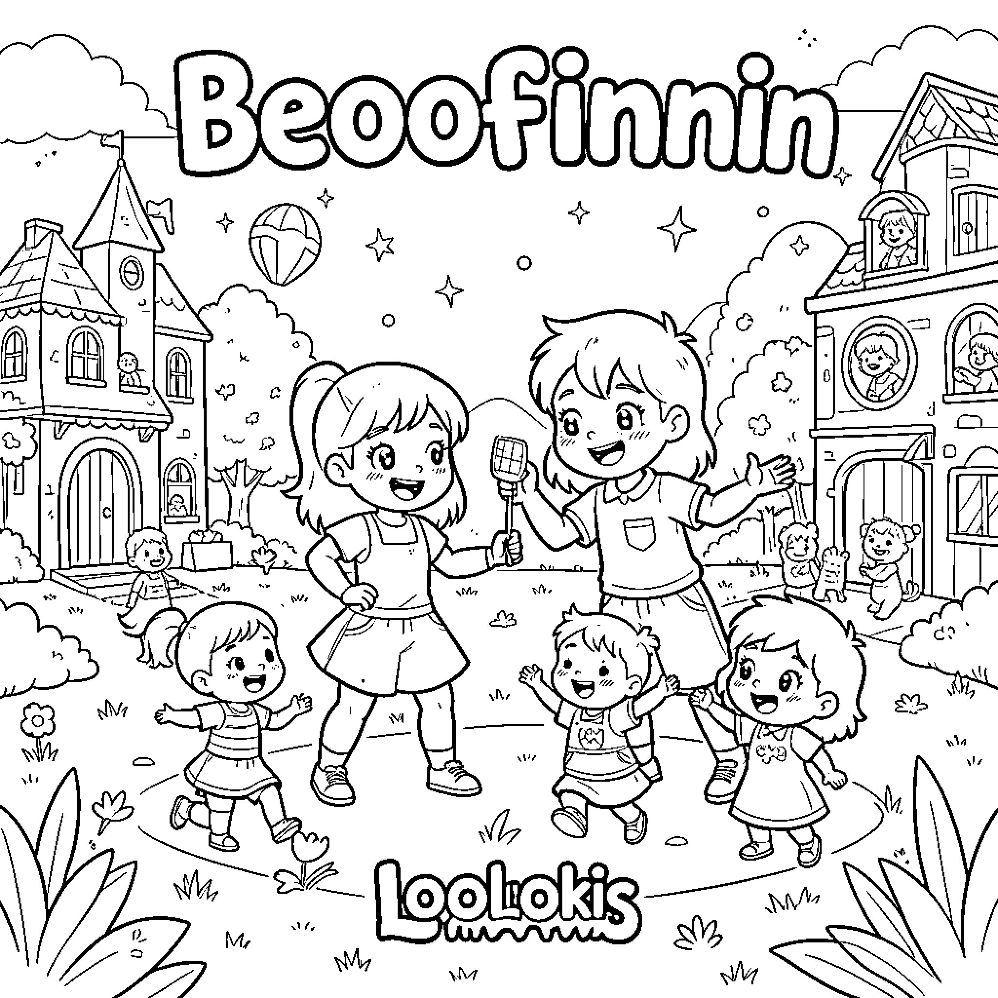 Bebefinnin characters singing and dancing together outdoors Coloring Page (free black-and-white line drawing printable PDF for all, from beginners to advanced learners, including children, teens, adults, and seniors)
