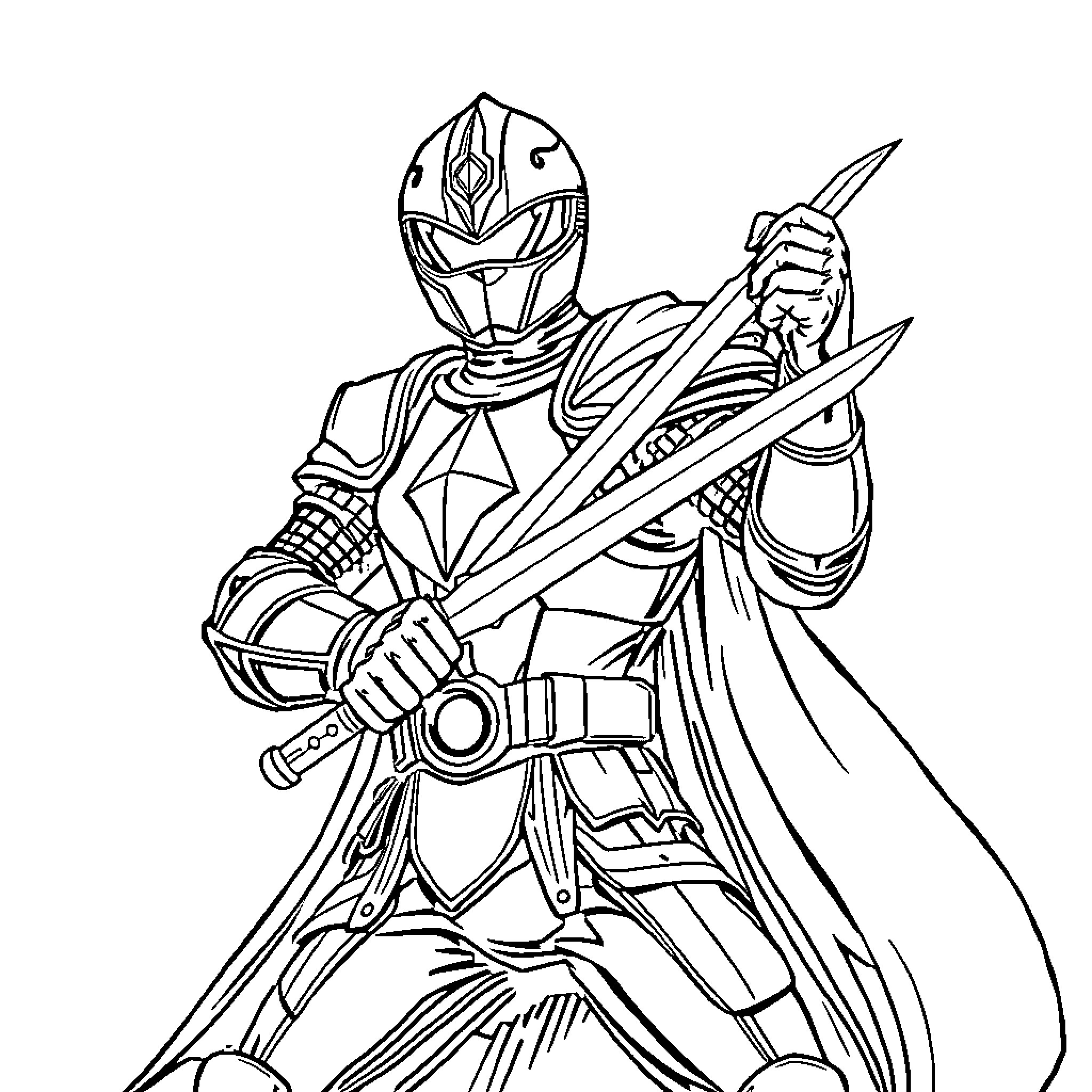 Power Ranger wielding heroic sword in battle stance Coloring Page (free black-and-white line drawing printable PDF for all, from beginners to advanced learners, including children, teens, adults, and seniors)
