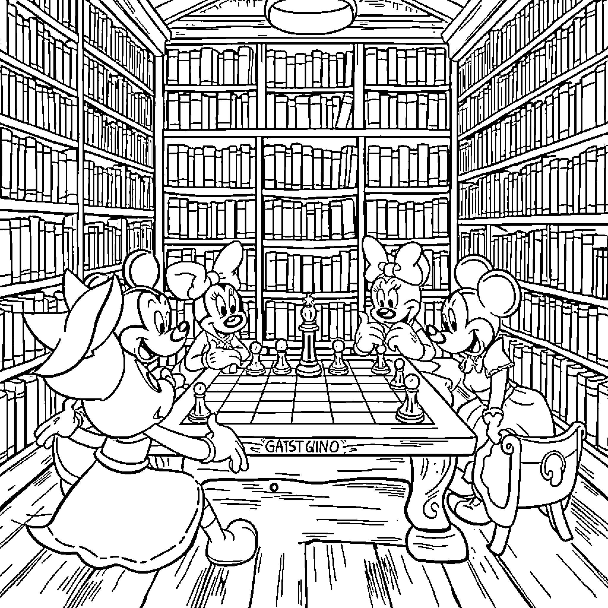 Disney Characters Playing Chess in the Library Coloring Page (free black-and-white line drawing printable PDF for all, from beginners to advanced learners, including children, teens, adults, and seniors)
