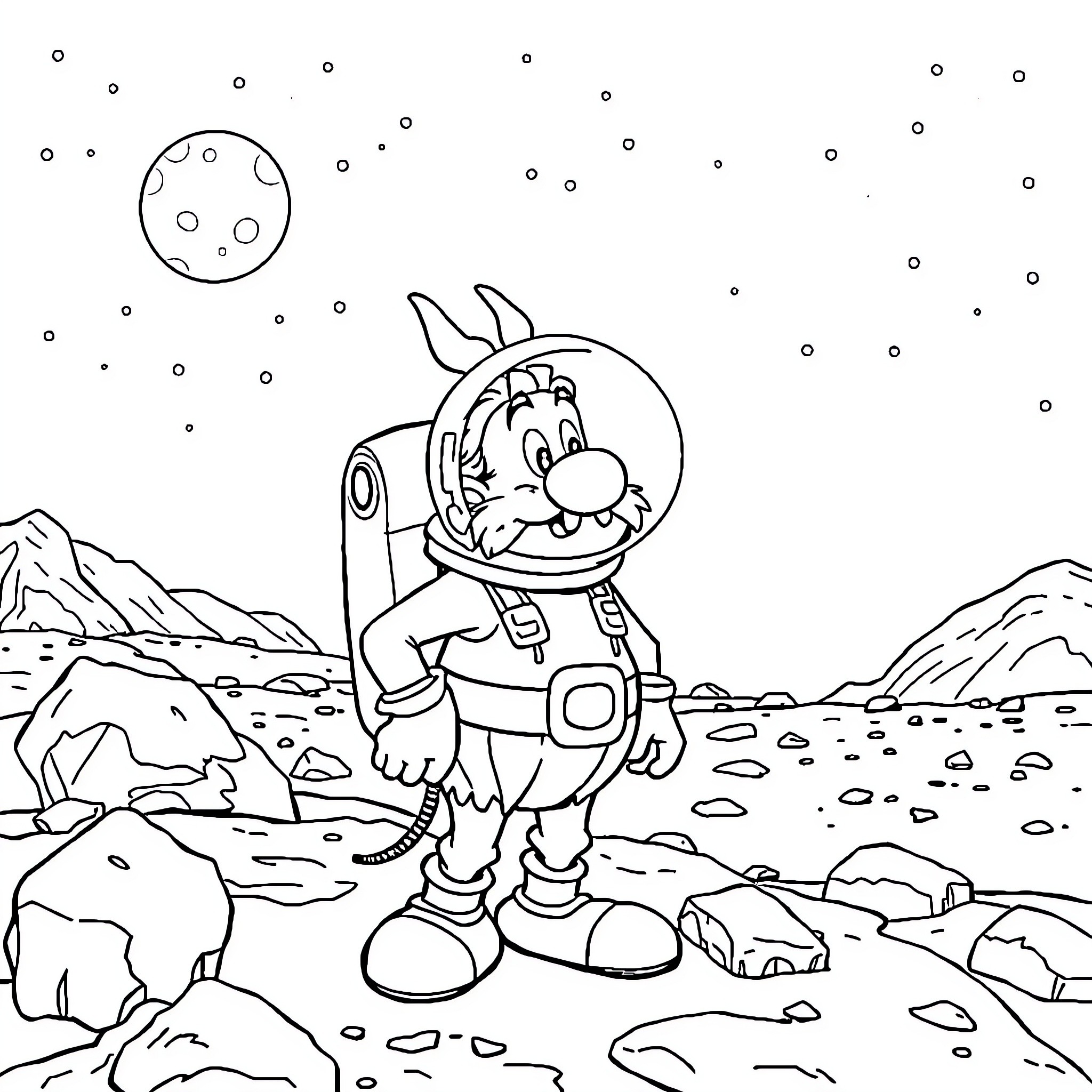 Asterix the Astronaut Exploring the Lunar Landscape Coloring Page (free black-and-white line drawing printable PDF for all, from beginners to advanced learners, including children, teens, adults, and seniors)