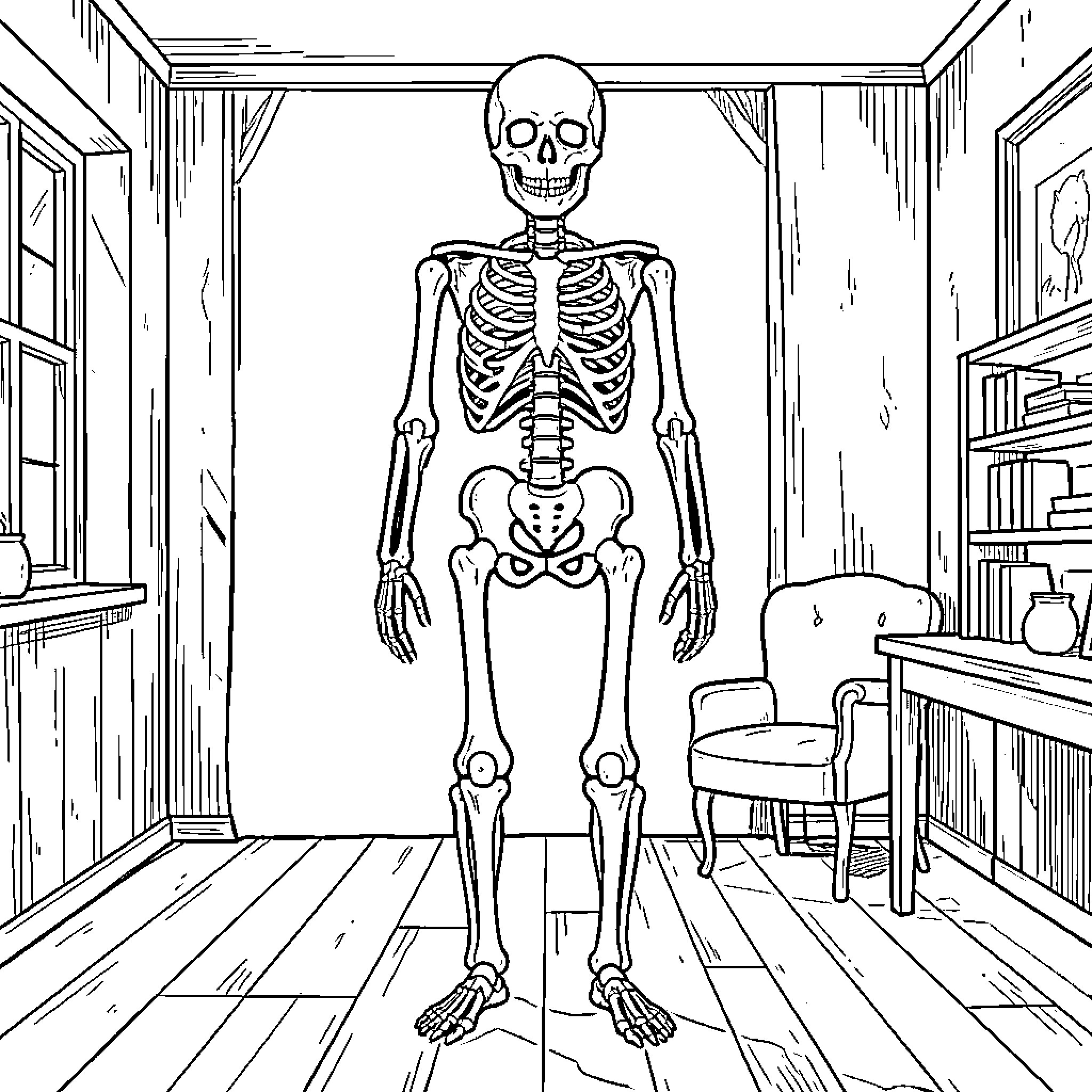 Skeleton standing in an indoor room Coloring Page (free black-and-white line drawing printable PDF for all, from beginners to advanced learners, including children, teens, adults, and seniors)