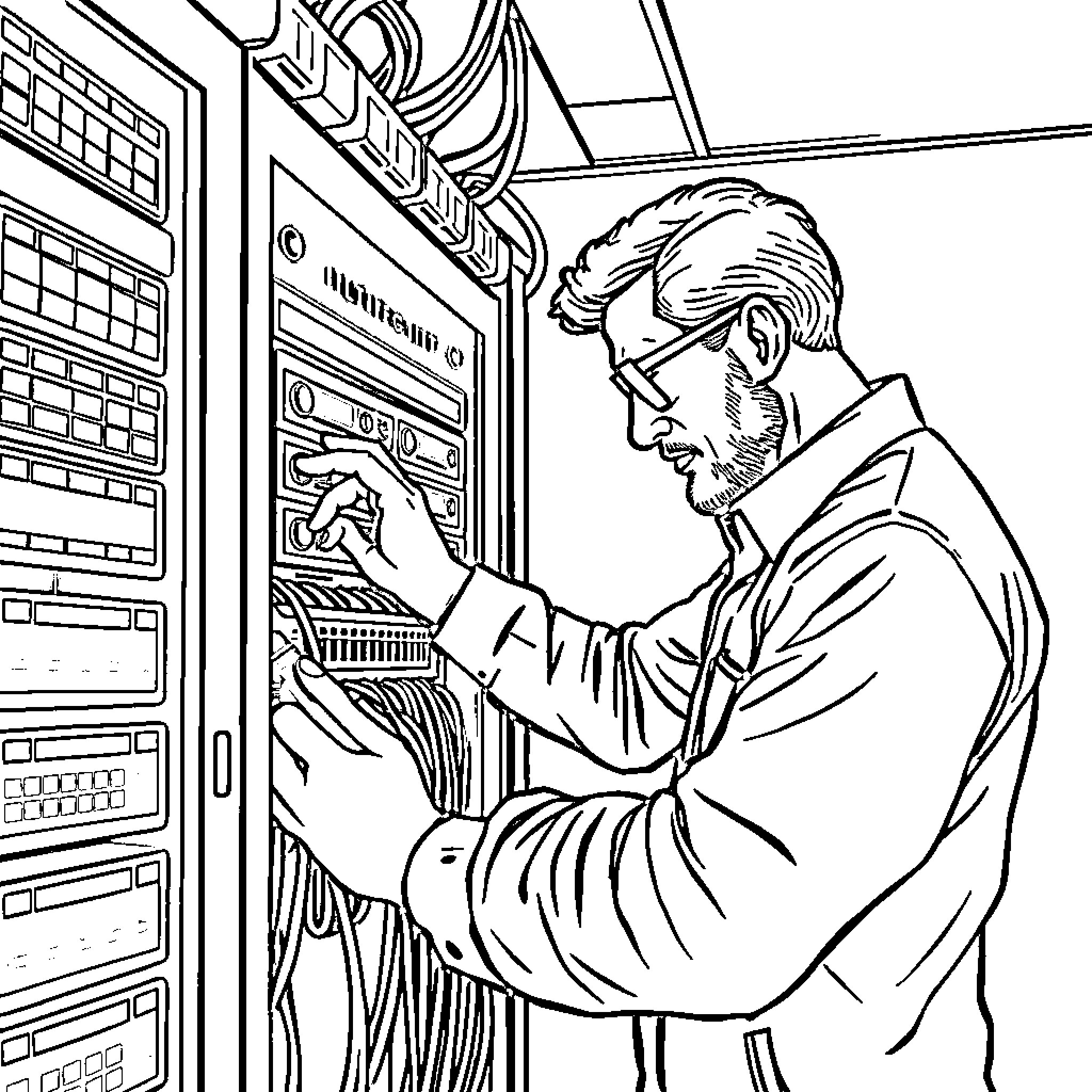 IT Expert Troubleshooting Network Hardware in Server Room Coloring Page (free black-and-white line drawing printable PDF for all, from beginners to advanced learners, including children, teens, adults, and seniors)