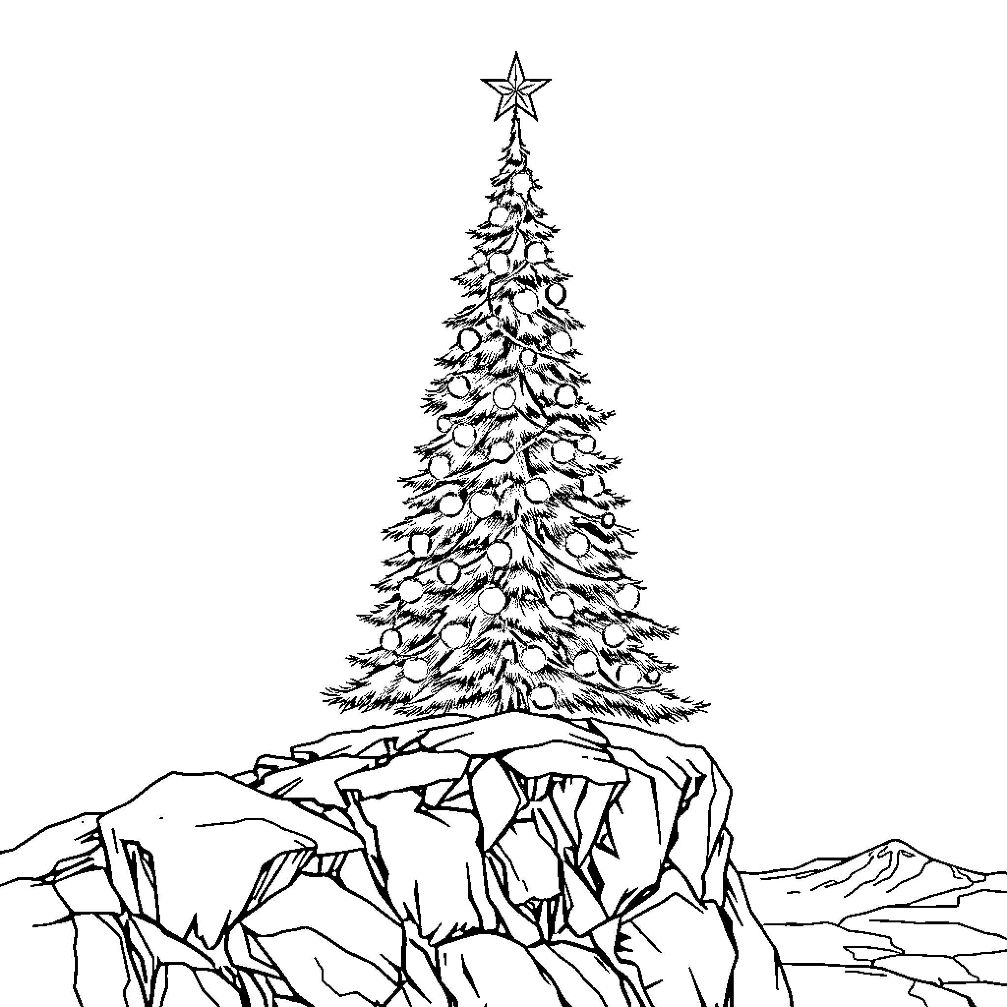 Christmas Tree on Snowy Mountainous Landscape Coloring Page (free black-and-white line drawing printable PDF for all, from beginners to advanced learners, including children, teens, adults, and seniors)