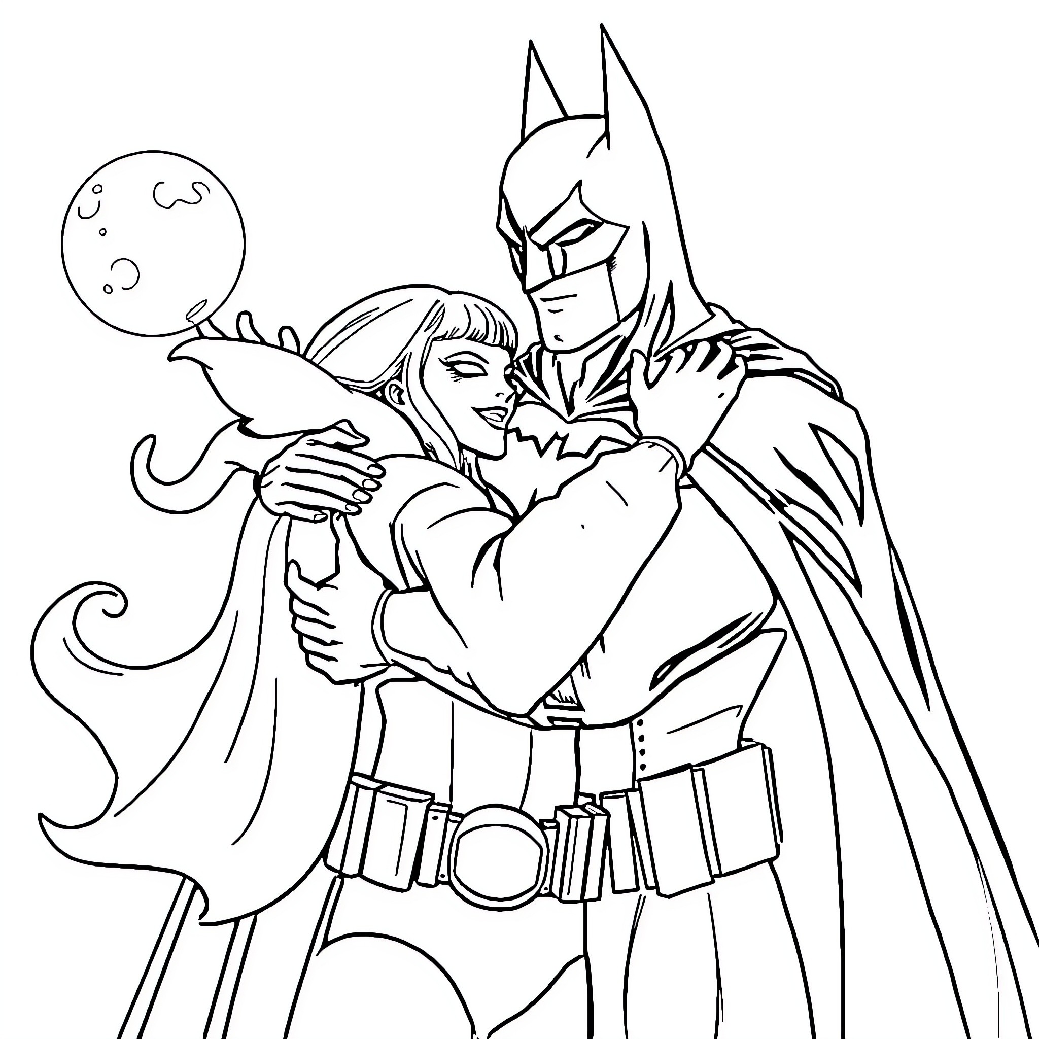 Batman comforting a woman in distress Coloring Page (free black-and-white line drawing printable PDF for all, from beginners to advanced learners, including children, teens, adults, and seniors)