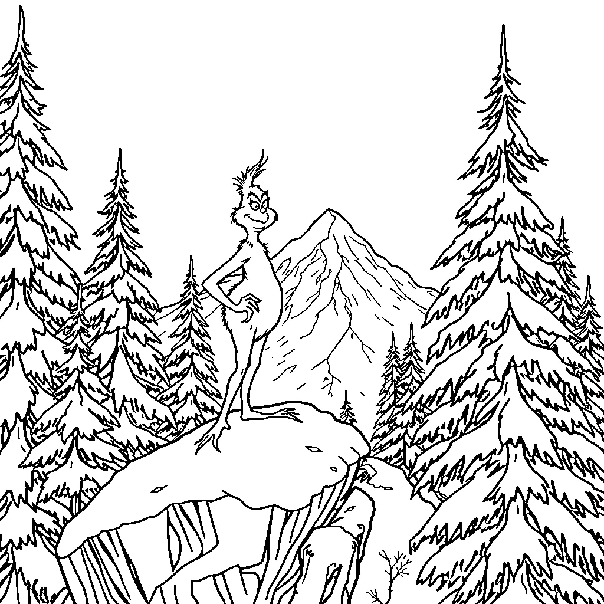 Grinch Enjoying the Winter Landscape Coloring Page (free black-and-white line drawing printable PDF for all, from beginners to advanced learners, including children, teens, adults, and seniors)