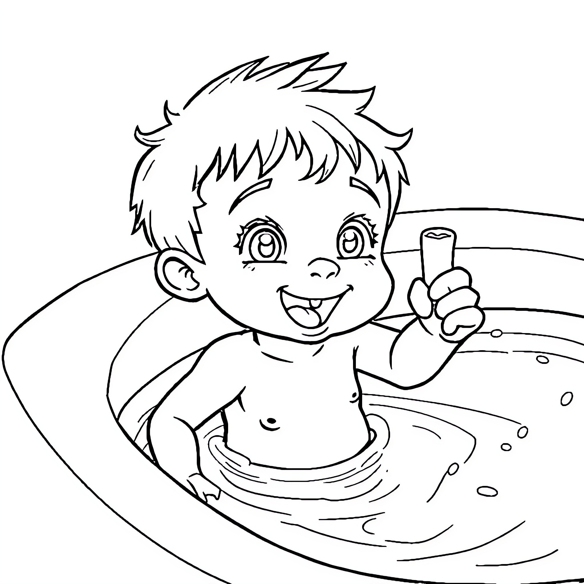 Niño enjoying a bubble bath Coloring Page (free black-and-white line drawing printable PDF for all, from beginners to advanced learners, including children, teens, adults, and seniors)