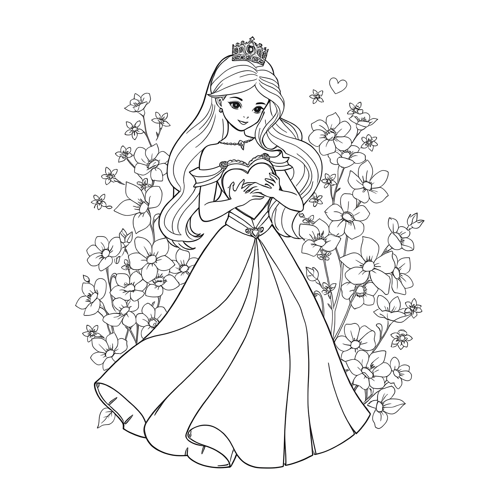 Princess in a Flowery Garden Coloring Page (free black-and-white line drawing printable PDF for all, from beginners to advanced learners, including children, teens, adults, and seniors)