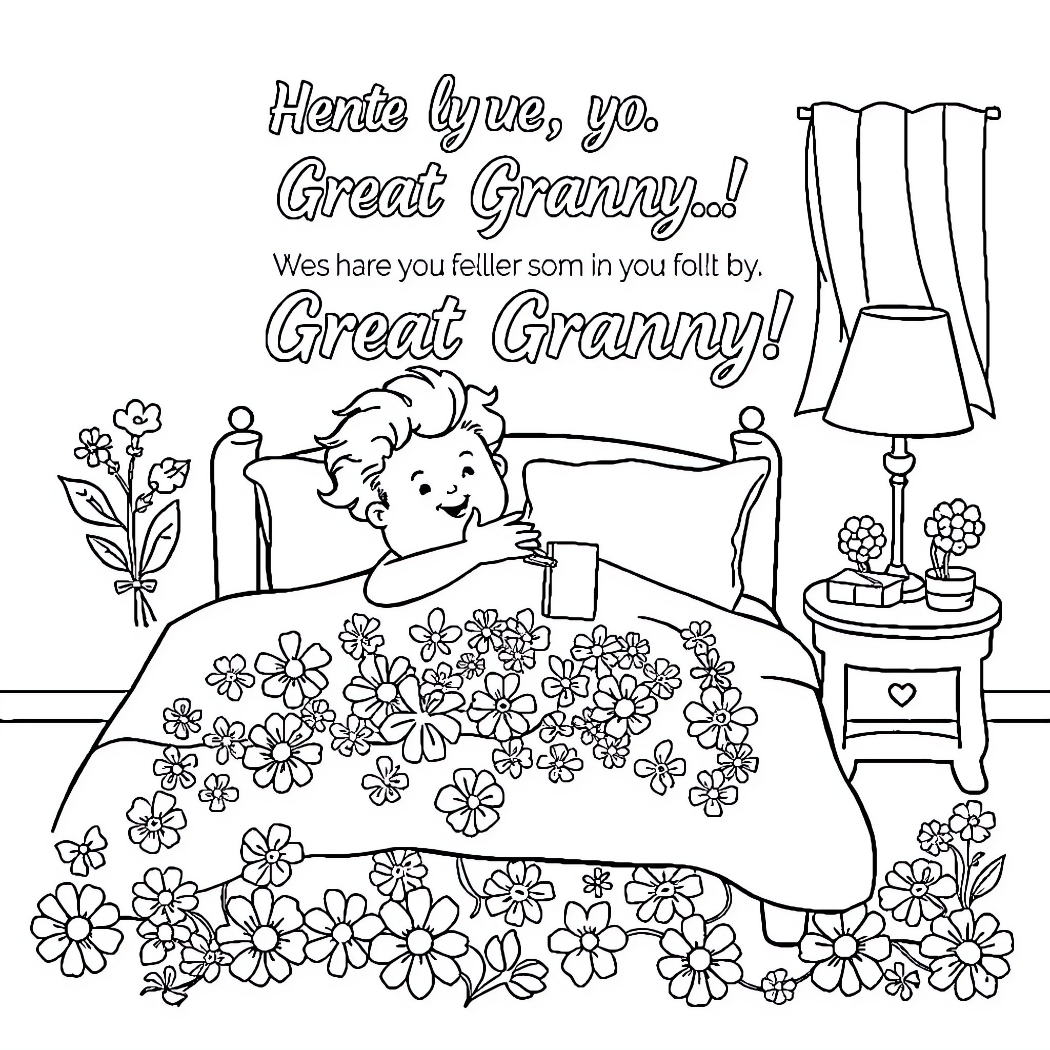 Granny's Bedtime Fun with Grandchild Coloring Page (free black-and-white line drawing printable PDF for all, from beginners to advanced learners, including children, teens, adults, and seniors)