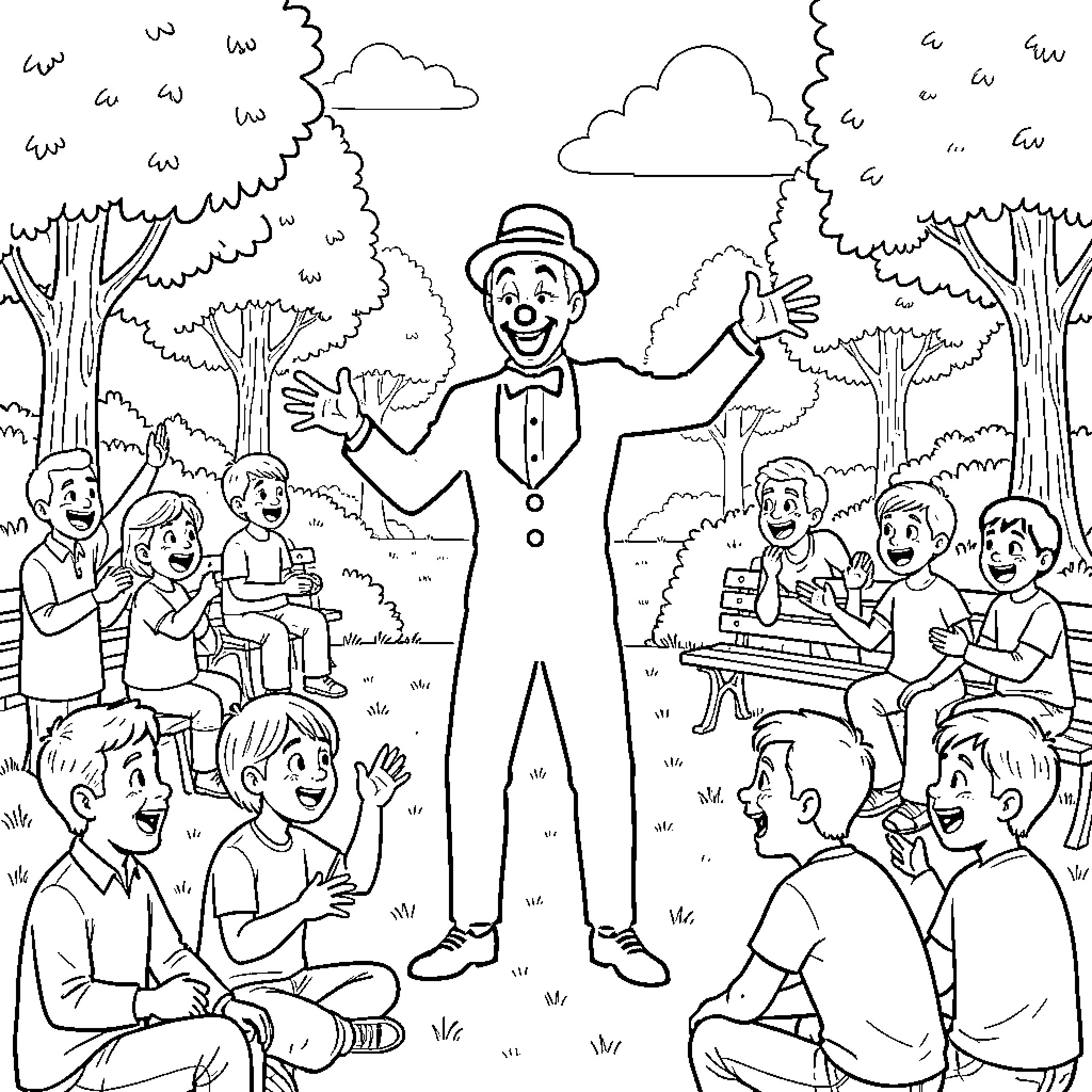 Mime performing for a group of children in a park Coloring Page (free black-and-white line drawing printable PDF for all, from beginners to advanced learners, including children, teens, adults, and seniors)