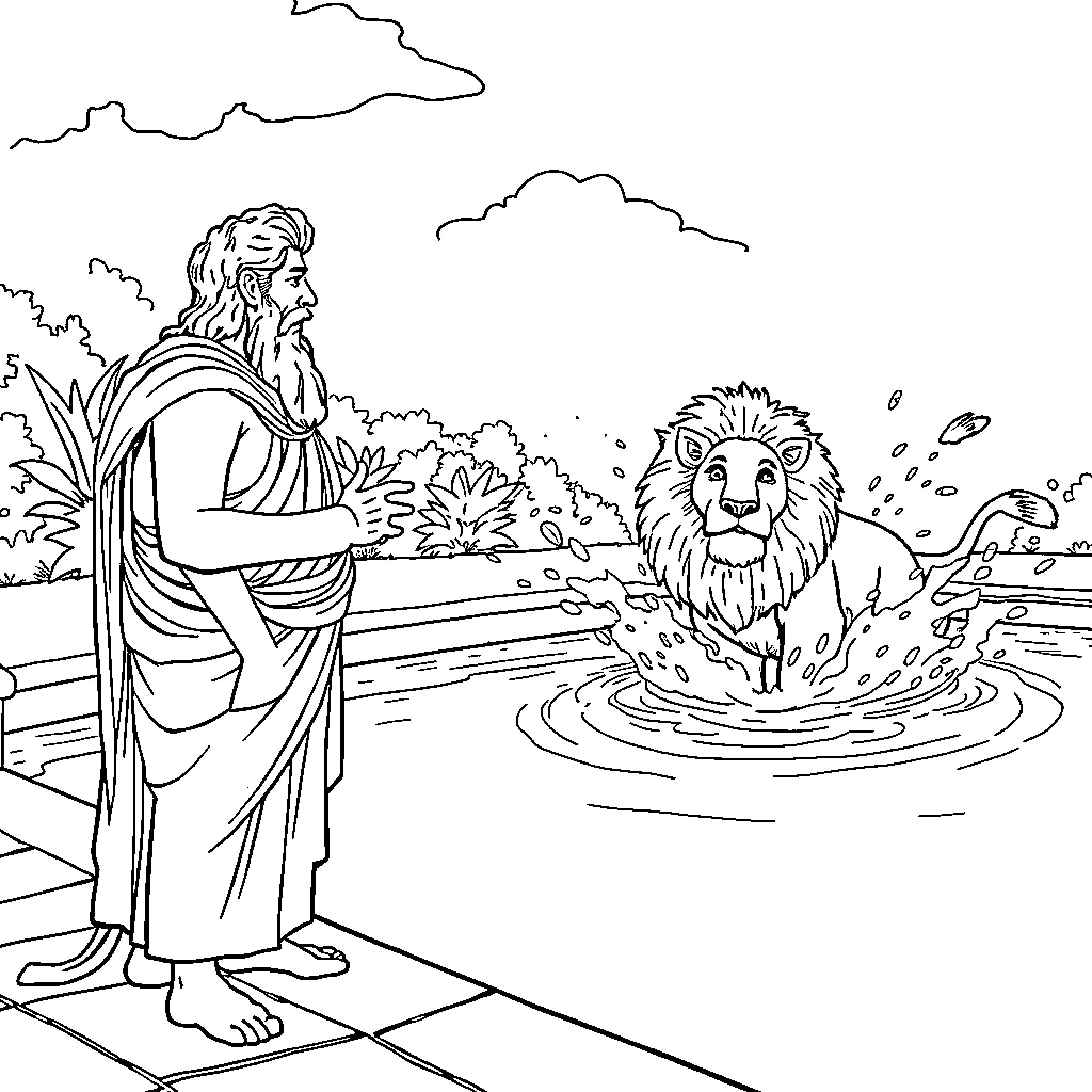 Thucydides observes lion swimming in lake Coloring Page (free black-and-white line drawing printable PDF for all, from beginners to advanced learners, including children, teens, adults, and seniors)