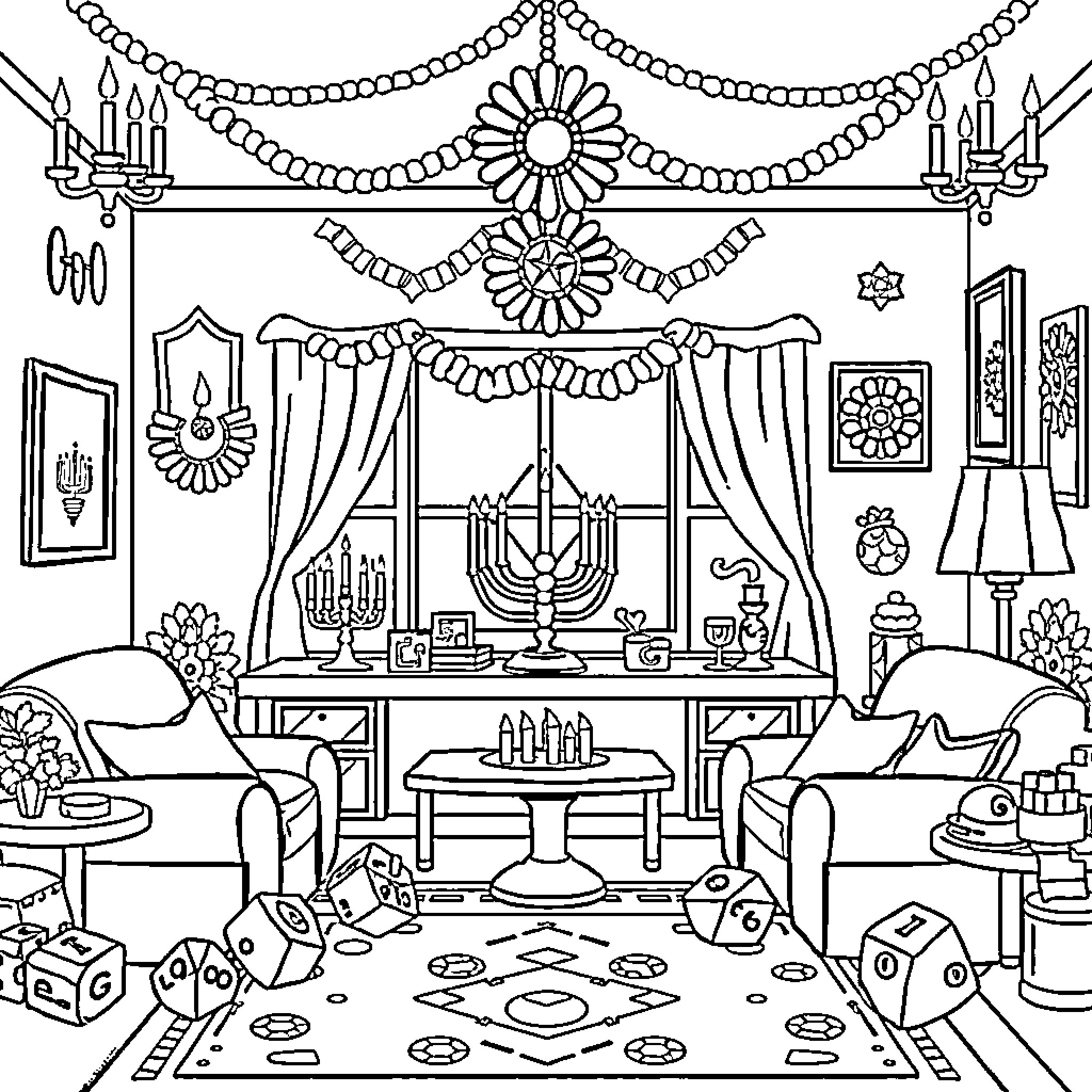 Dreidel-themed indoor celebration scene Coloring Page (free black-and-white line drawing printable PDF for all, from beginners to advanced learners, including children, teens, adults, and seniors)