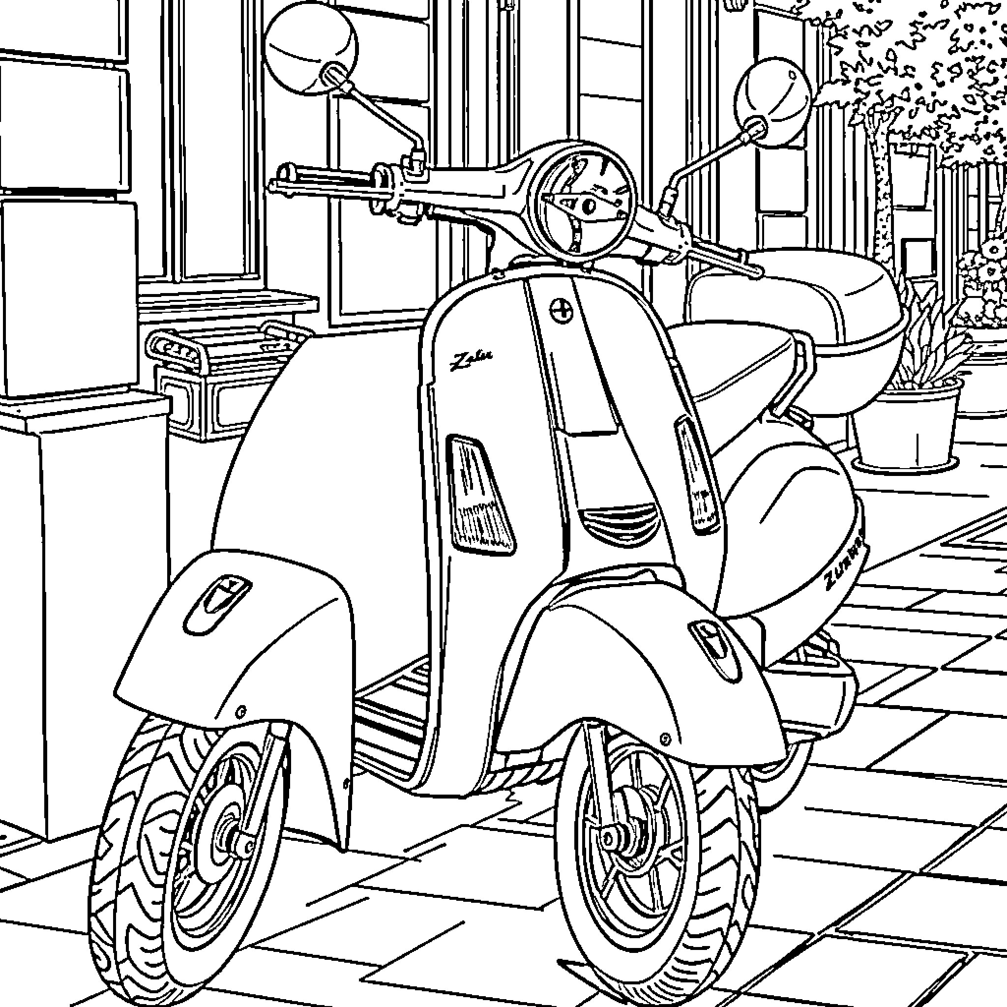 Zundapp scooter parked outside retro building Coloring Page (free black-and-white line drawing printable PDF for all, from beginners to advanced learners, including children, teens, adults, and seniors)