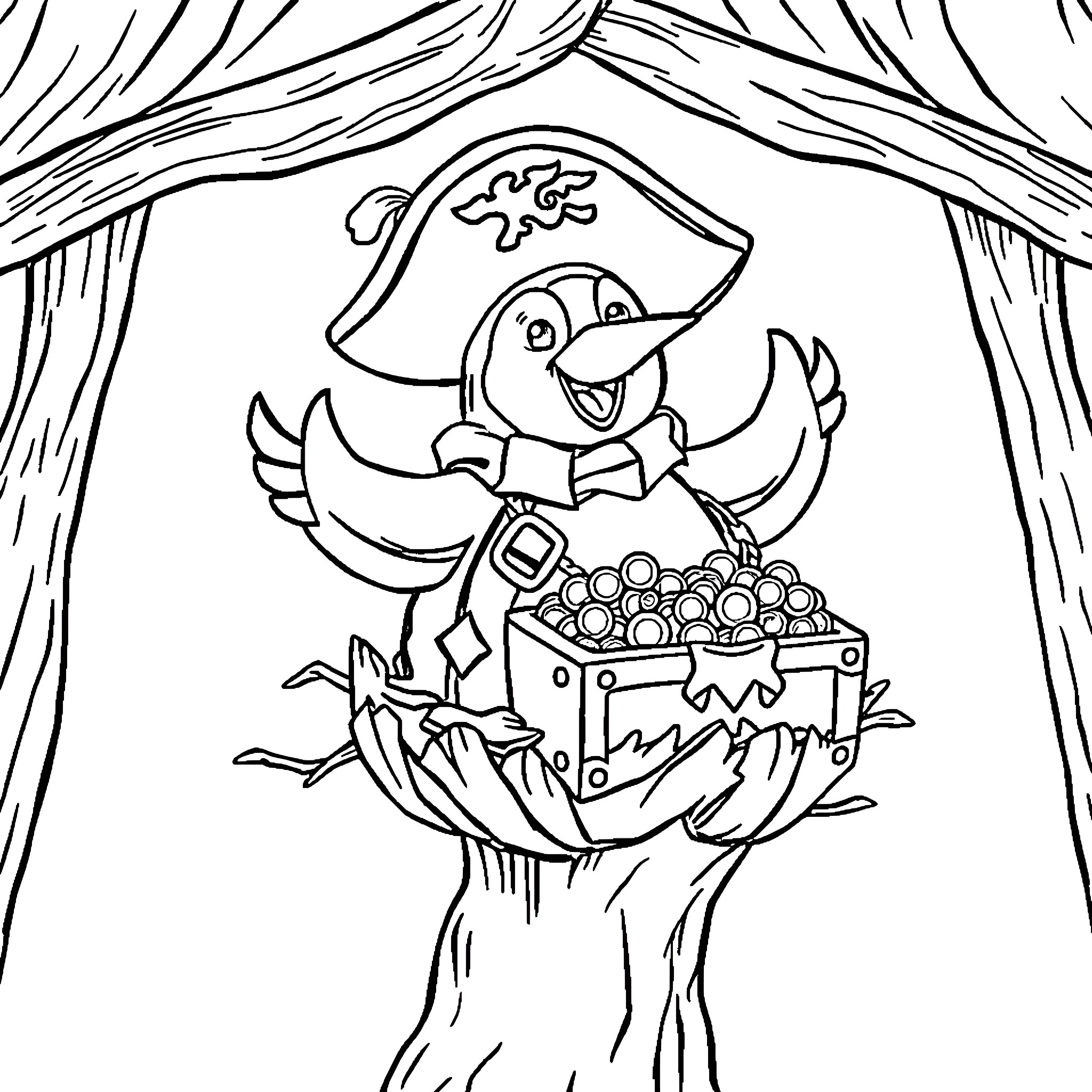 Pirate Penguin uncovering a treasure chest Coloring Page (free black-and-white line drawing printable PDF for all, from beginners to advanced learners, including children, teens, adults, and seniors)