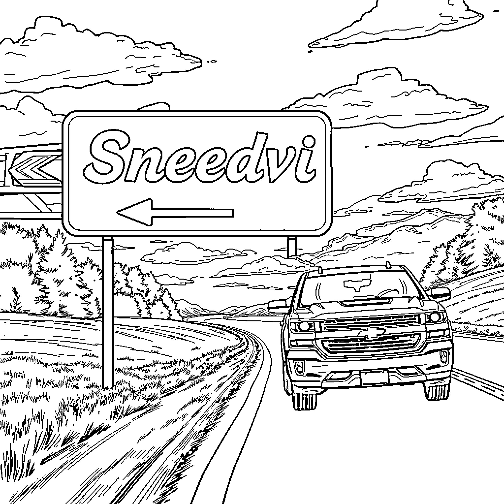 Sign indicating direction to Sneedvi with a vehicle on the road Coloring Page (free black-and-white line drawing printable PDF for all, from beginners to advanced learners, including children, teens, adults, and seniors)