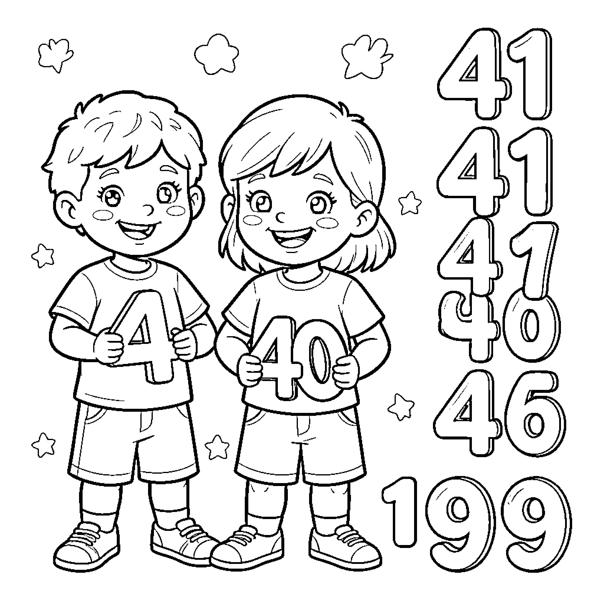 Niños jugando alegremente con números Coloring Page (free black-and-white line drawing printable PDF for all, from beginners to advanced learners, including children, teens, adults, and seniors)