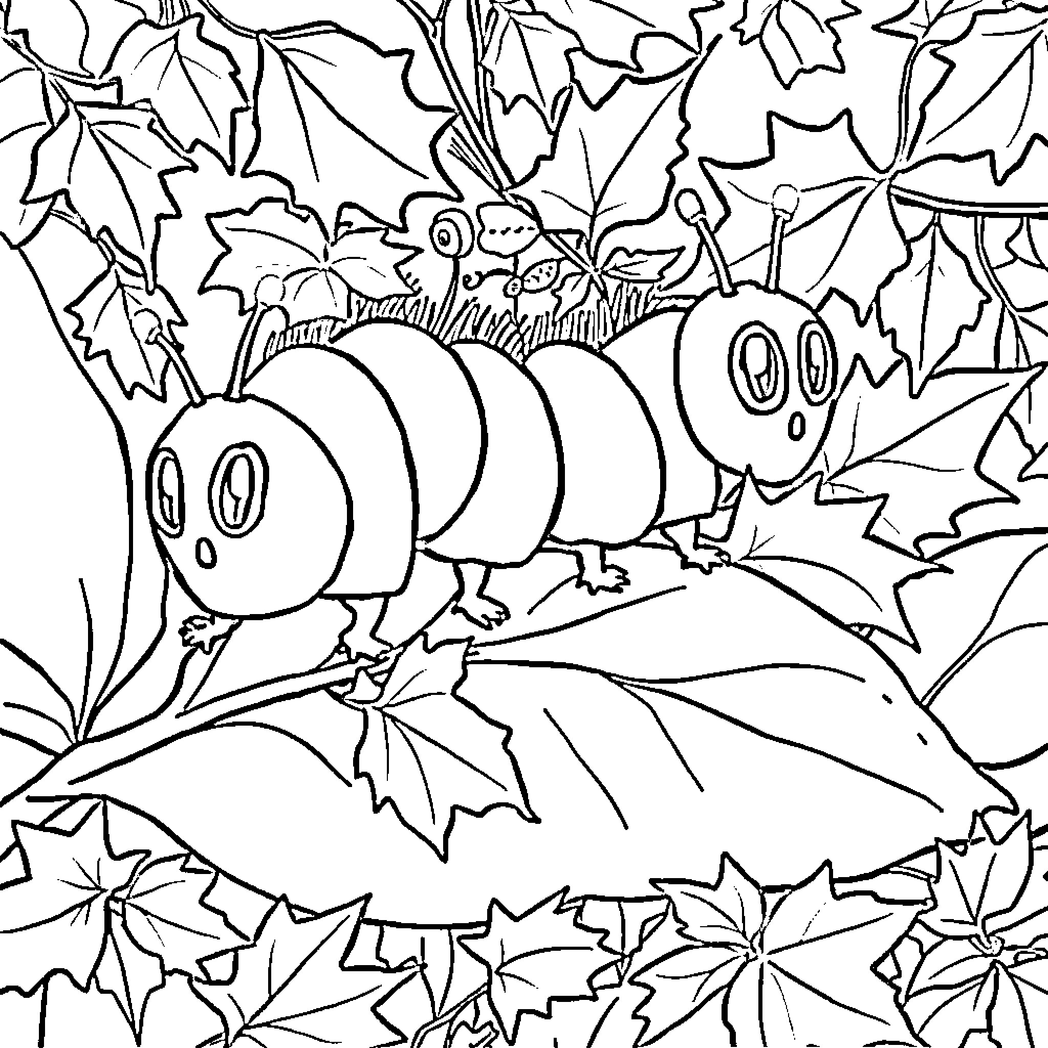 Caterpillar crawling among autumn leaves Coloring Page (free black-and-white line drawing printable PDF for all, from beginners to advanced learners, including children, teens, adults, and seniors)