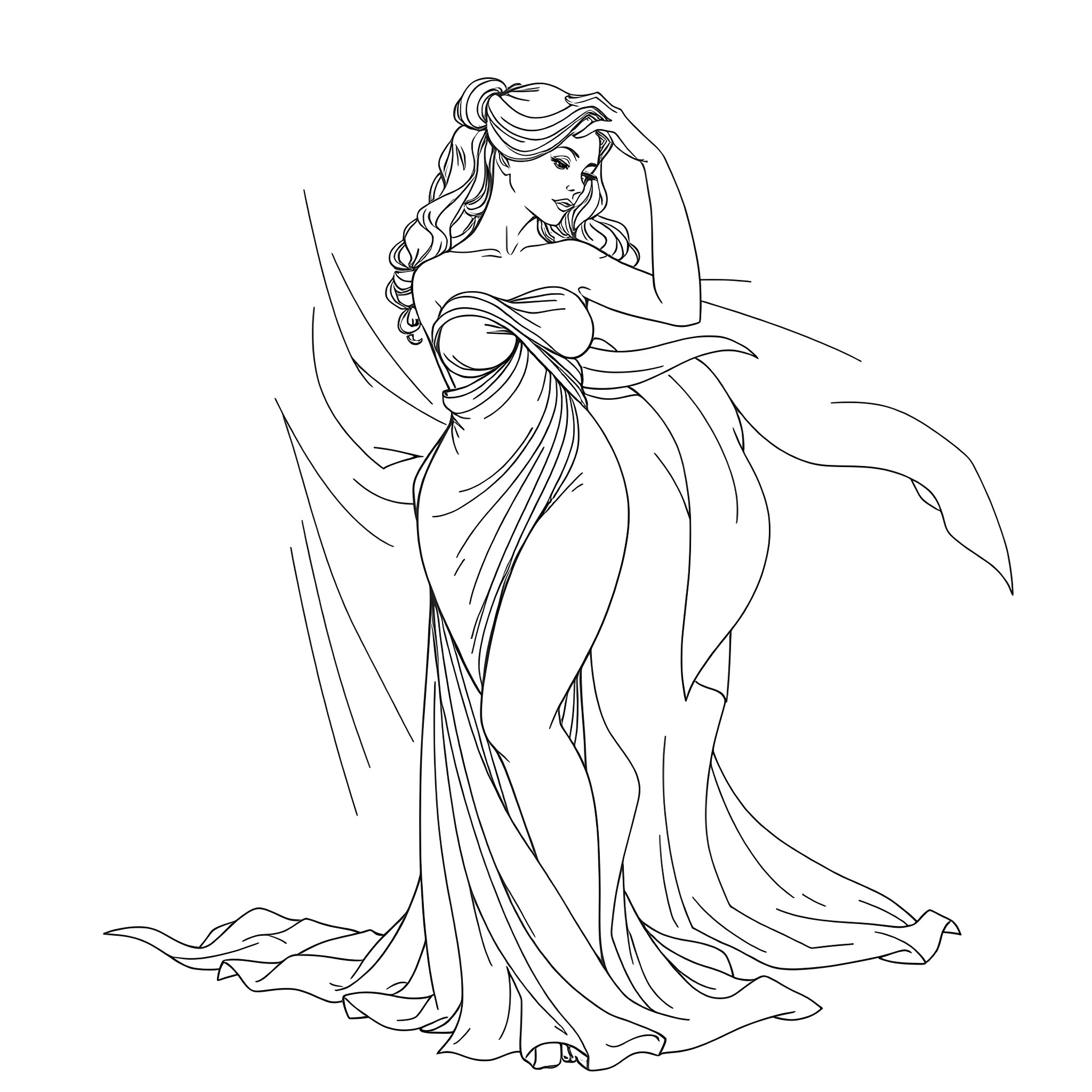 Girl in flowing dress posing gracefully Coloring Page (free black-and-white line drawing printable PDF for all, from beginners to advanced learners, including children, teens, adults, and seniors)