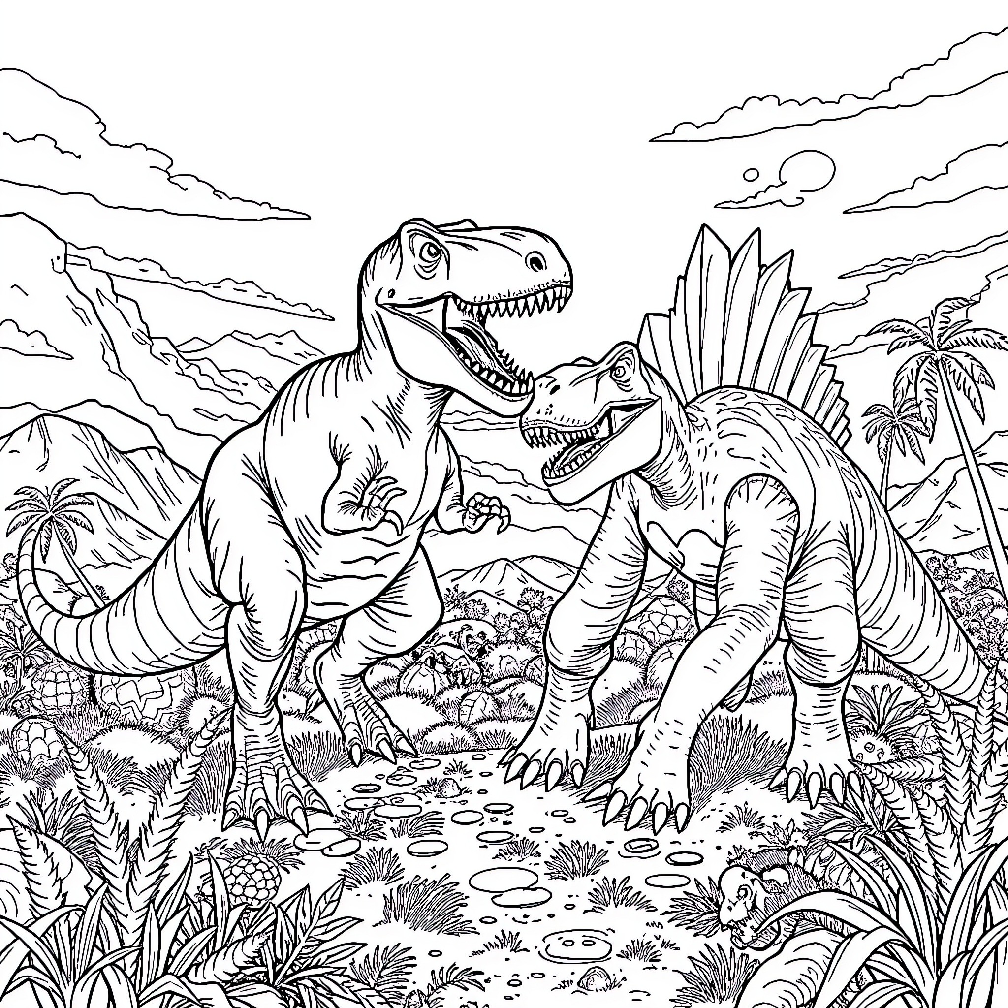 Dinosaurs battling in prehistoric landscape Coloring Page (free black-and-white line drawing printable PDF for all, from beginners to advanced learners, including children, teens, adults, and seniors)