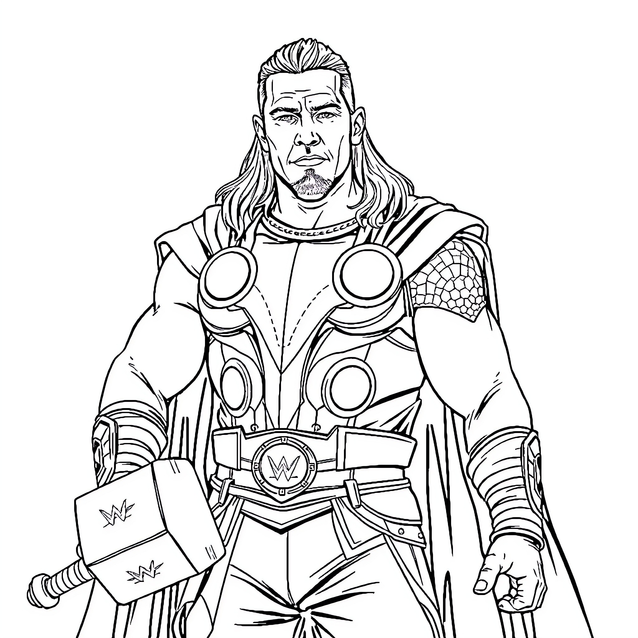John Cena as a Superhero in Armored Costume Coloring Page (free black-and-white line drawing printable PDF for all, from beginners to advanced learners, including children, teens, adults, and seniors)