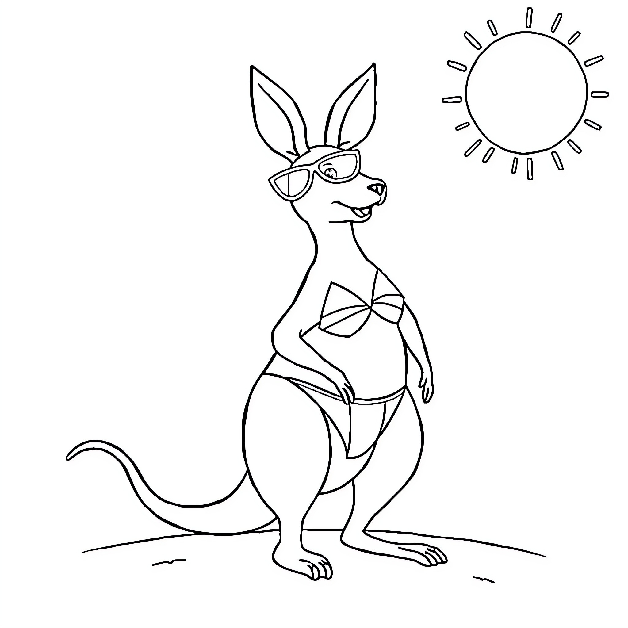 Kangaroo wearing sunglasses and enjoying the sunny day Coloring Page (free black-and-white line drawing printable PDF for all, from beginners to advanced learners, including children, teens, adults, and seniors)