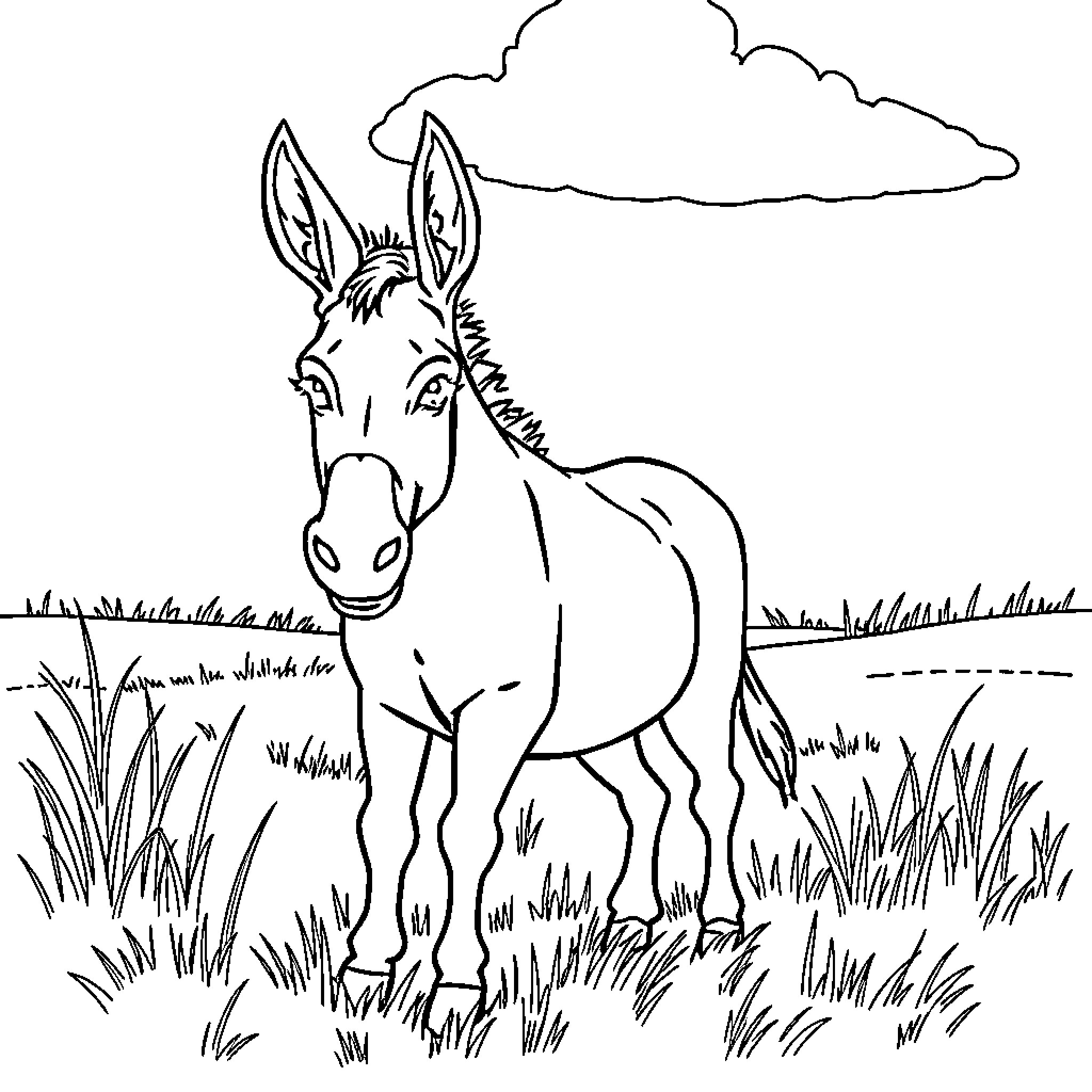 Donkey standing in a grassy field Coloring Page (free black-and-white line drawing printable PDF for all, from beginners to advanced learners, including children, teens, adults, and seniors)