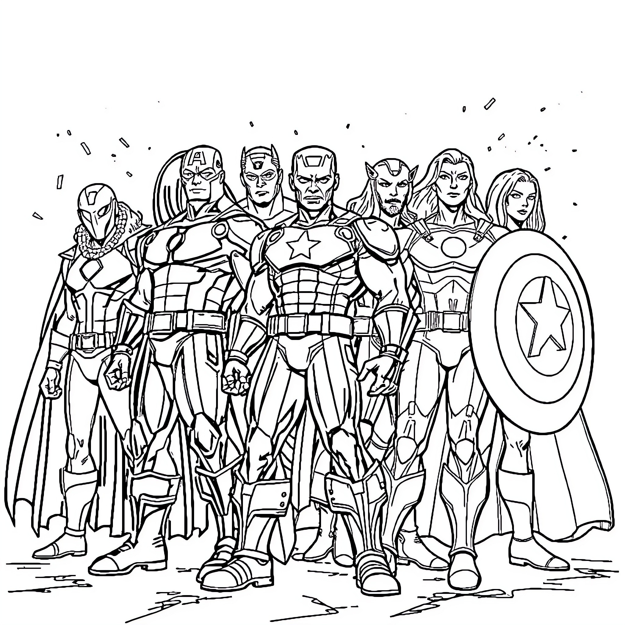 Avenger Heroes in Action Poses Coloring Page (free black-and-white line drawing printable PDF for all, from beginners to advanced learners, including children, teens, adults, and seniors)