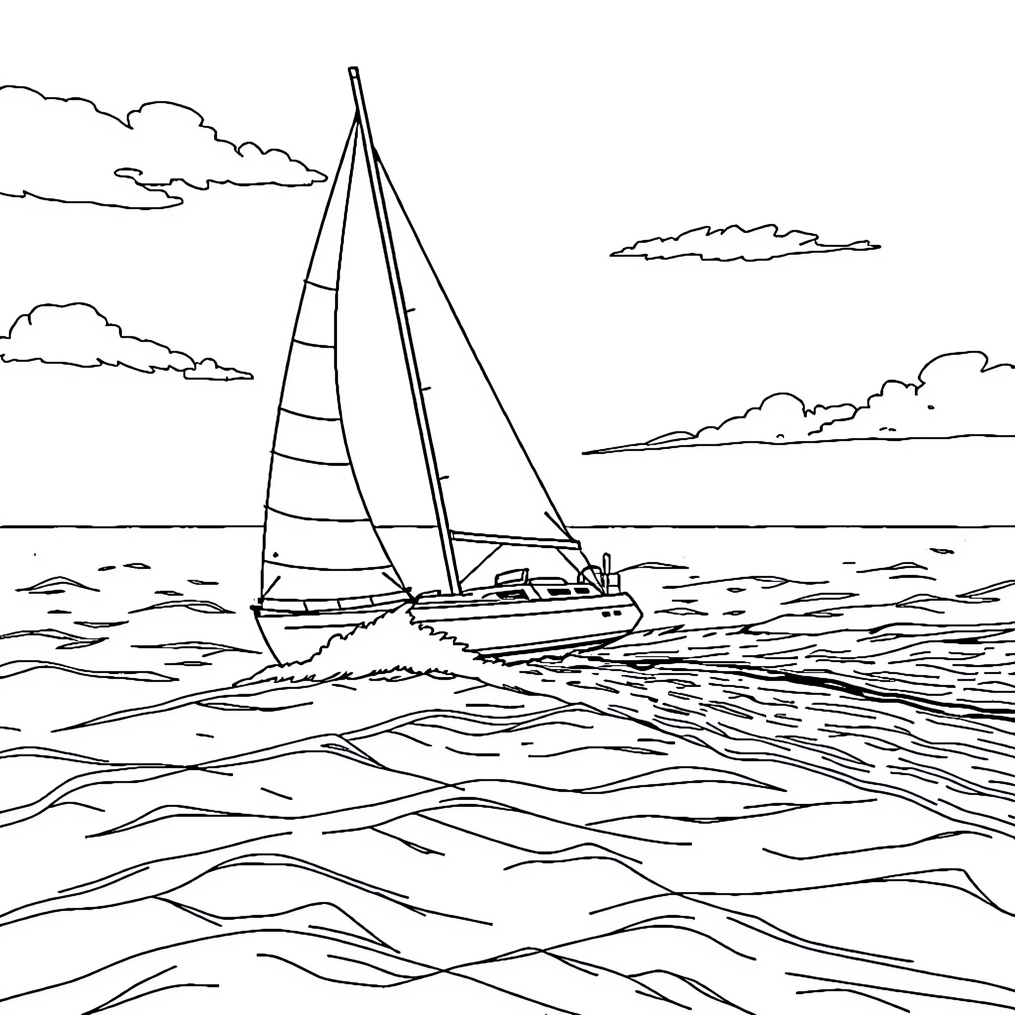 Sailboat navigating through choppy waters Coloring Page (free black-and-white line drawing printable PDF for all, from beginners to advanced learners, including children, teens, adults, and seniors)