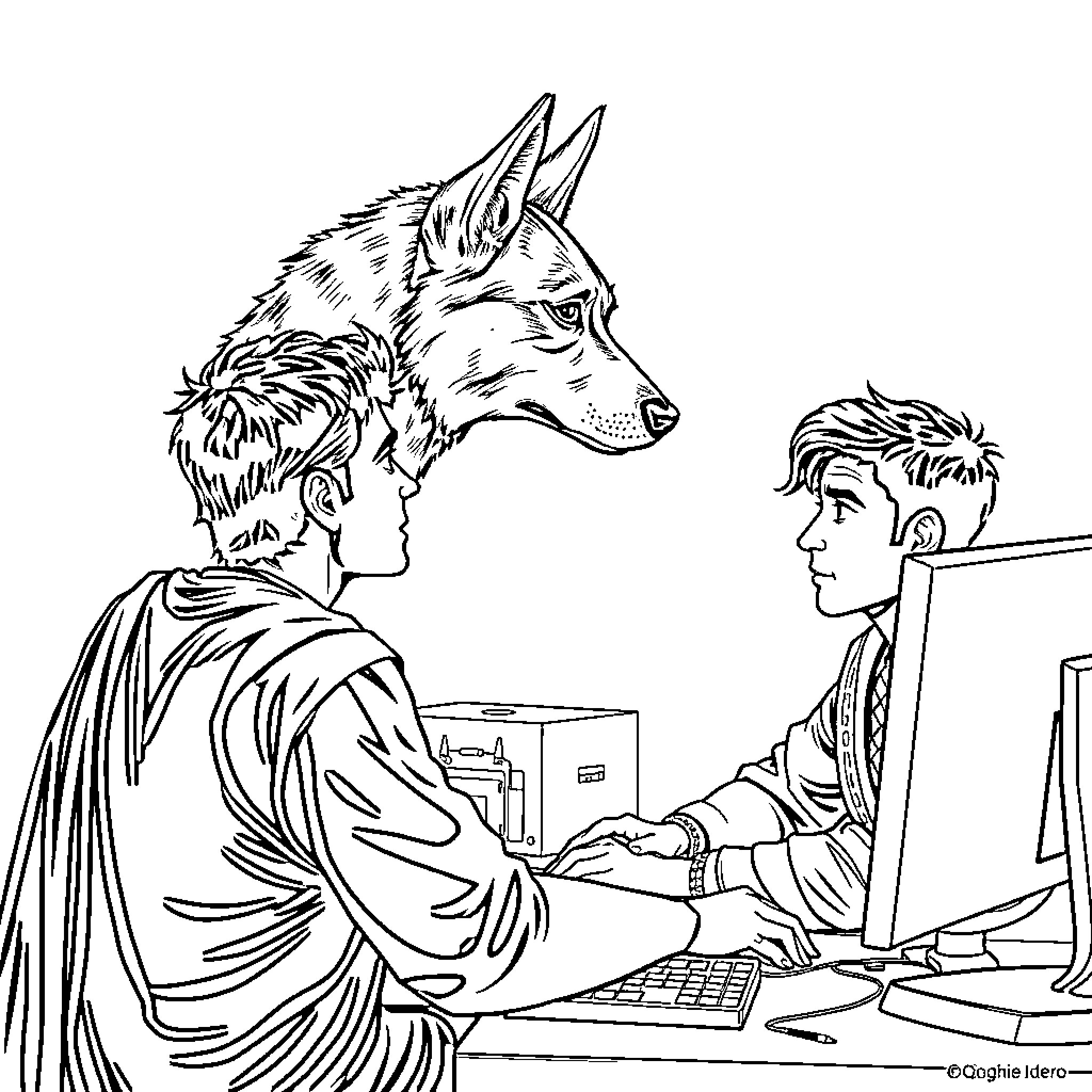 Dog/Human Hybrid working together at a computer Coloring Page (free black-and-white line drawing printable PDF for all, from beginners to advanced learners, including children, teens, adults, and seniors)