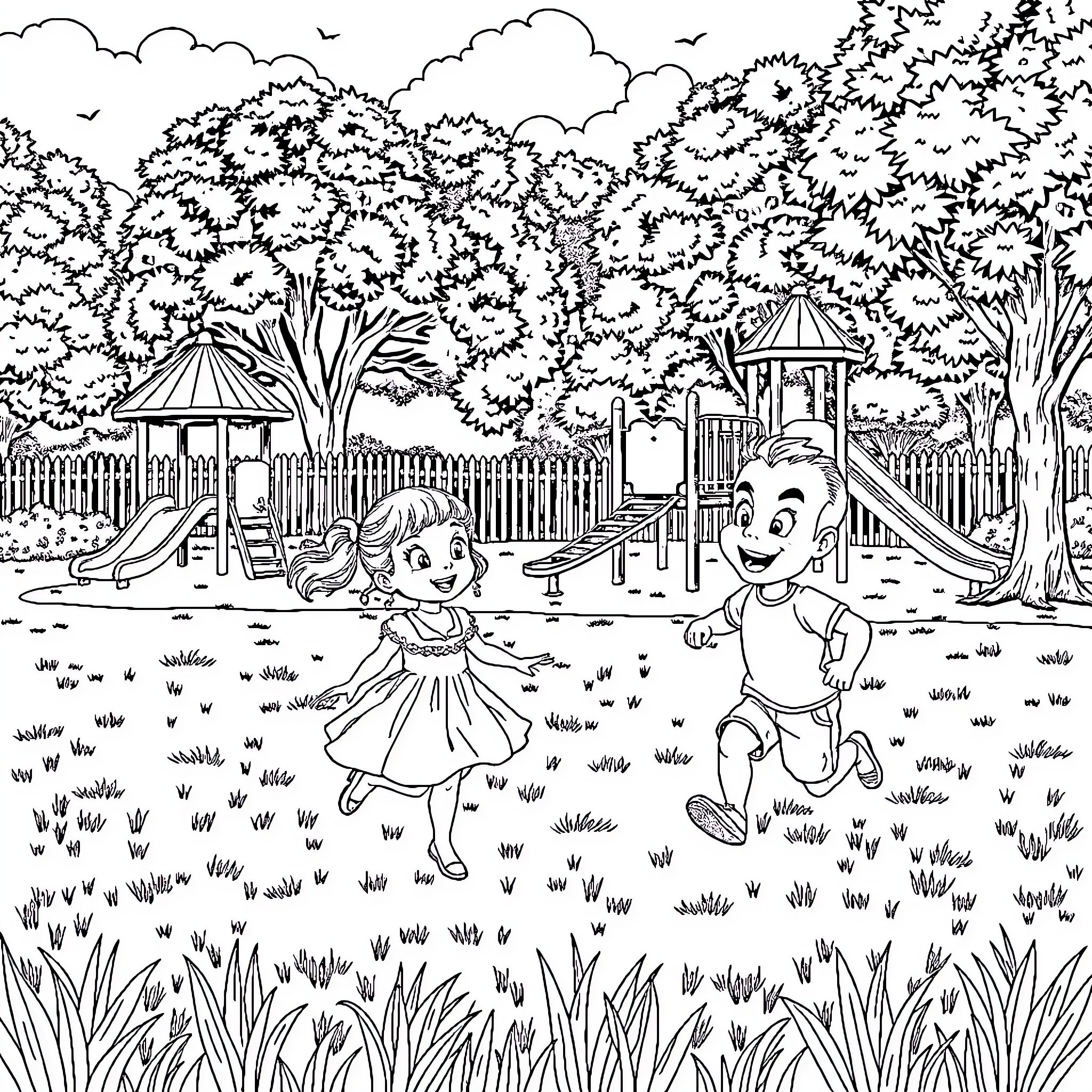 Bebe playing joyfully at the playground Coloring Page (free black-and-white line drawing printable PDF for all, from beginners to advanced learners, including children, teens, adults, and seniors)