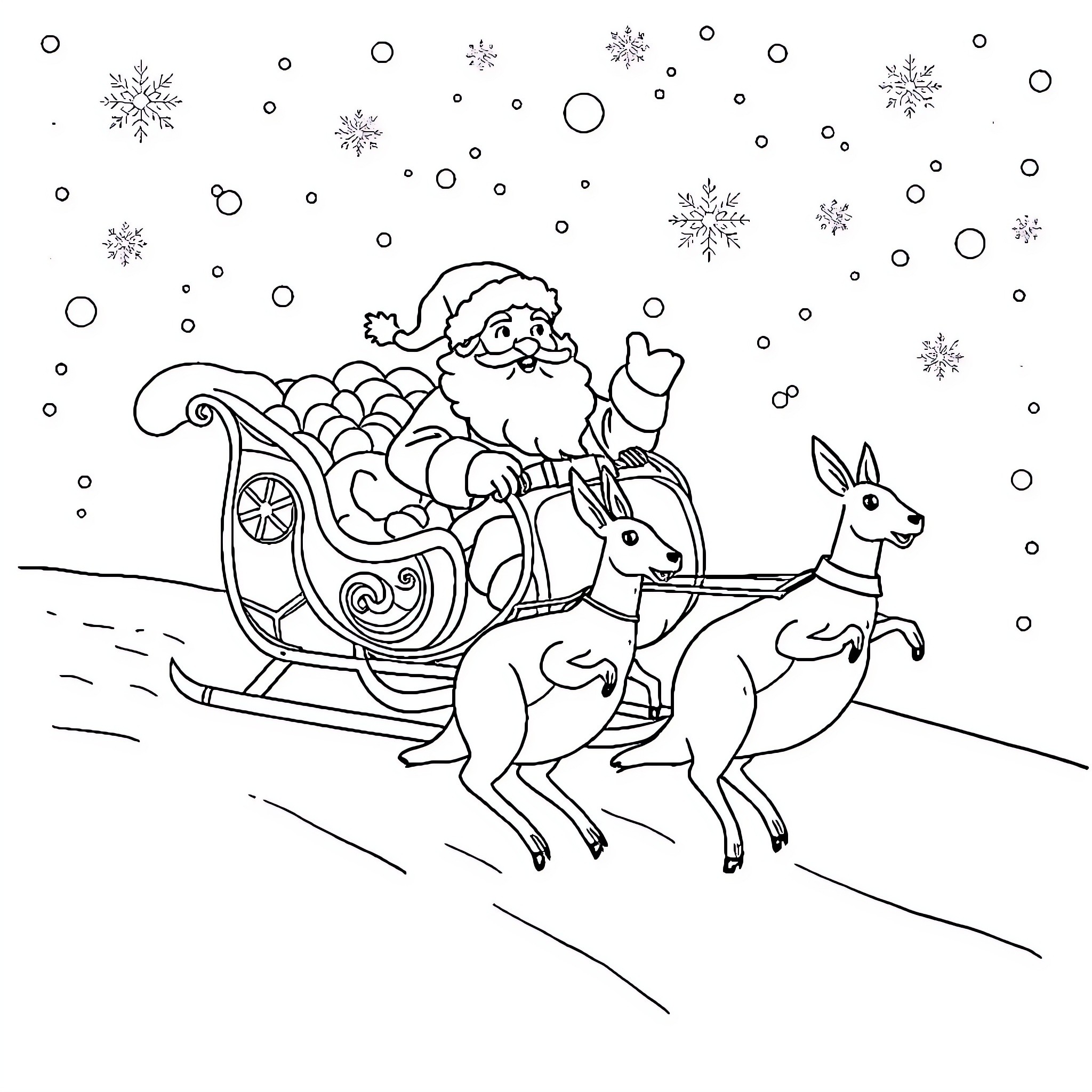 Santa Riding His Sleigh with Deer on a Snowy Night Coloring Page (free black-and-white line drawing printable PDF for all, from beginners to advanced learners, including children, teens, adults, and seniors)