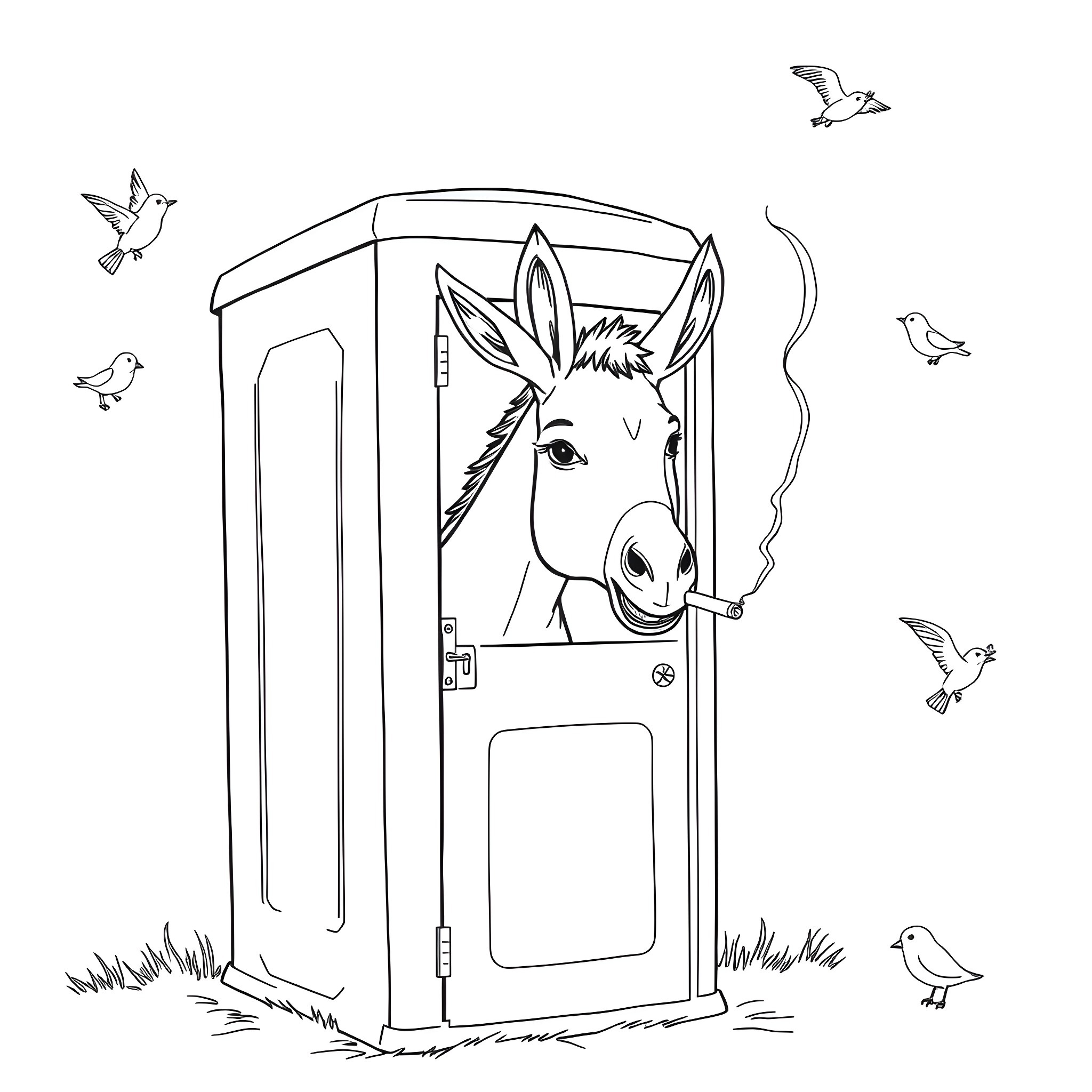 Donkey peeking out of a portable outhouse Coloring Page (free black-and-white line drawing printable PDF for all, from beginners to advanced learners, including children, teens, adults, and seniors)