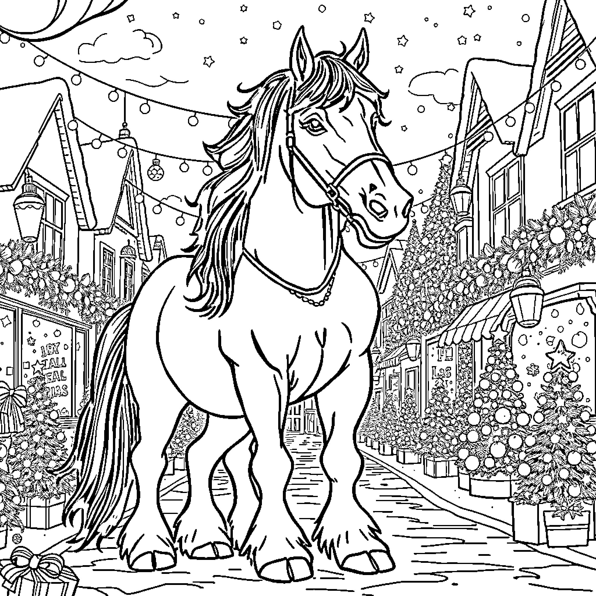 Clydesdale horse in a festive winter scene Coloring Page (free black-and-white line drawing printable PDF for all, from beginners to advanced learners, including children, teens, adults, and seniors)