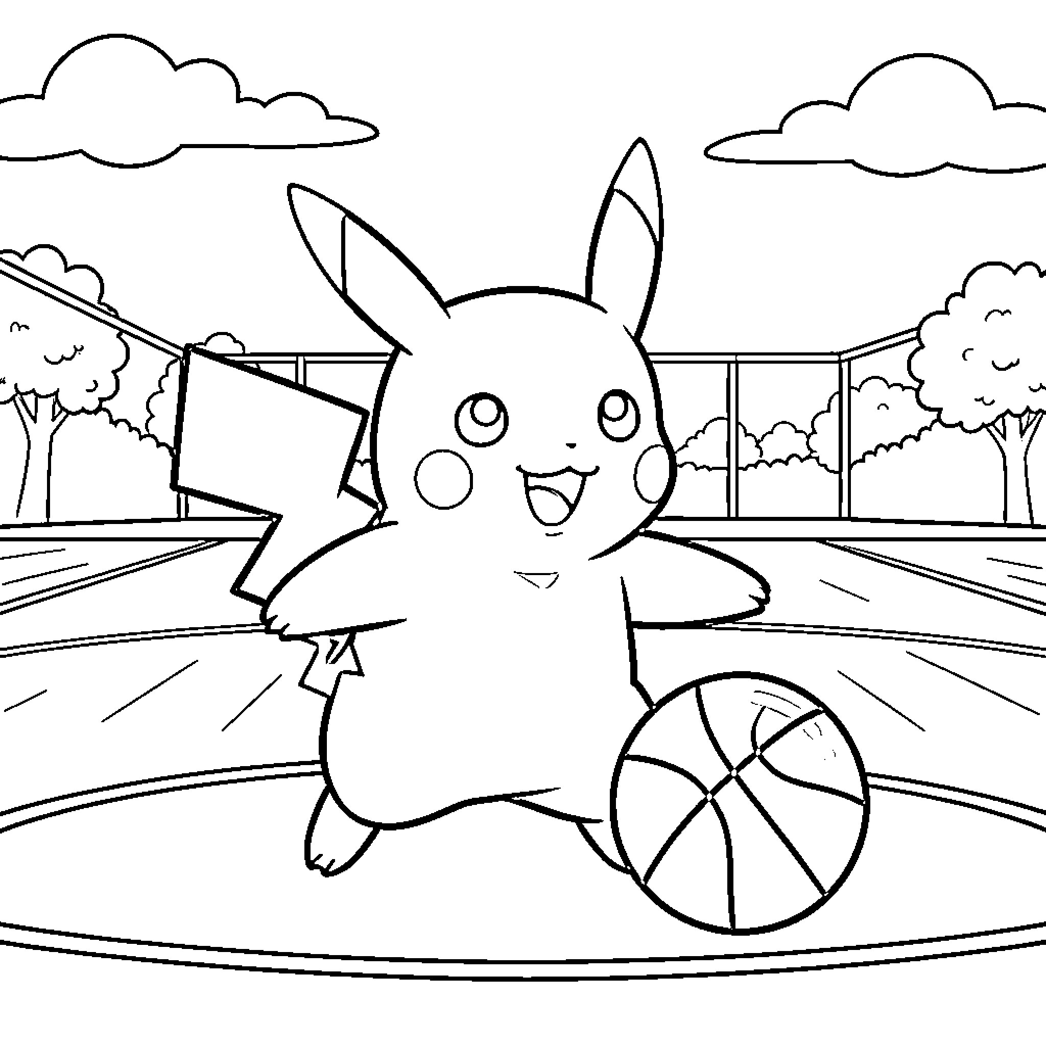 Pikachu playing happily on the basketball court Coloring Page (free black-and-white line drawing printable PDF for all, from beginners to advanced learners, including children, teens, adults, and seniors)