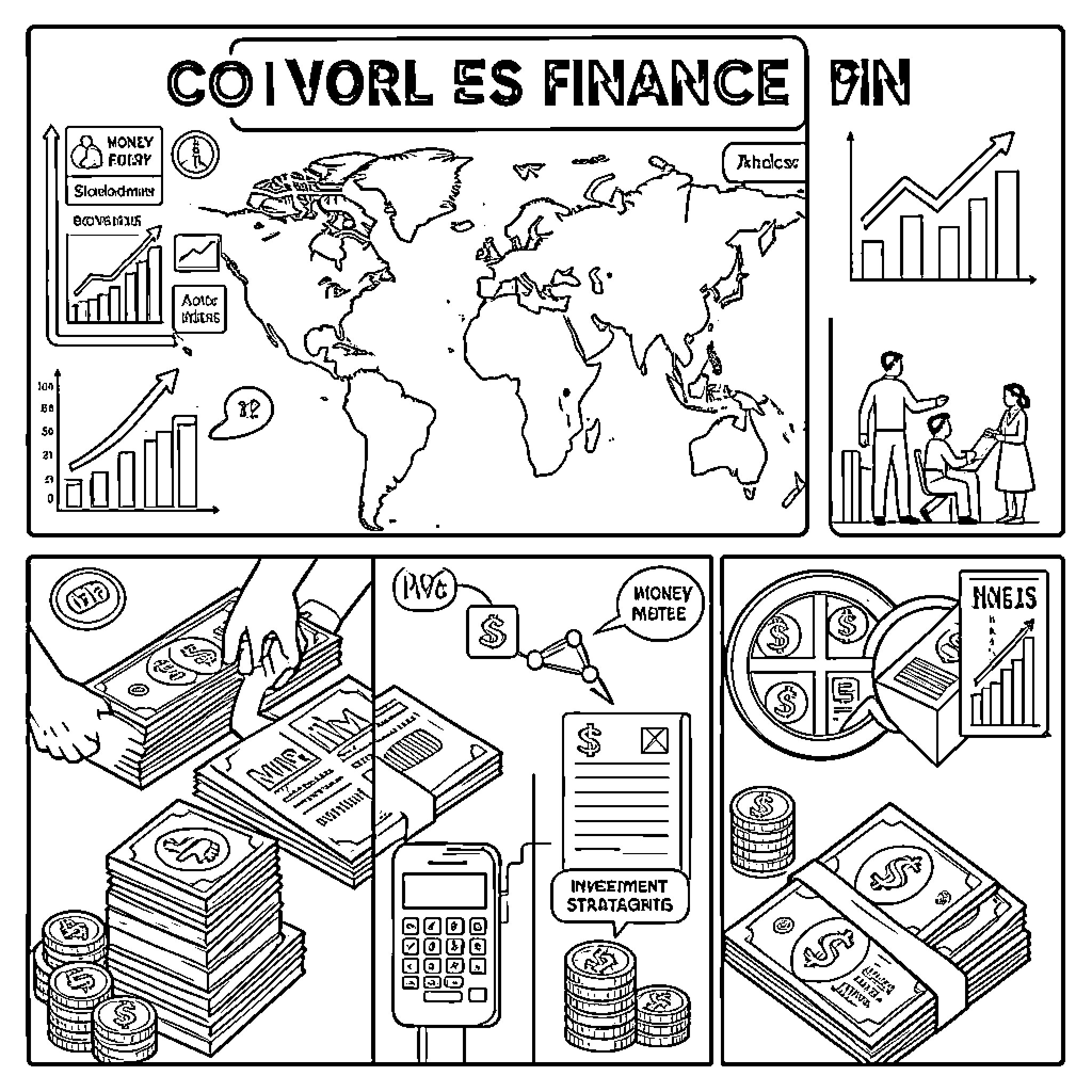 Finance concepts showing global maps and money management Coloring Page (free black-and-white line drawing printable PDF for all, from beginners to advanced learners, including children, teens, adults, and seniors)