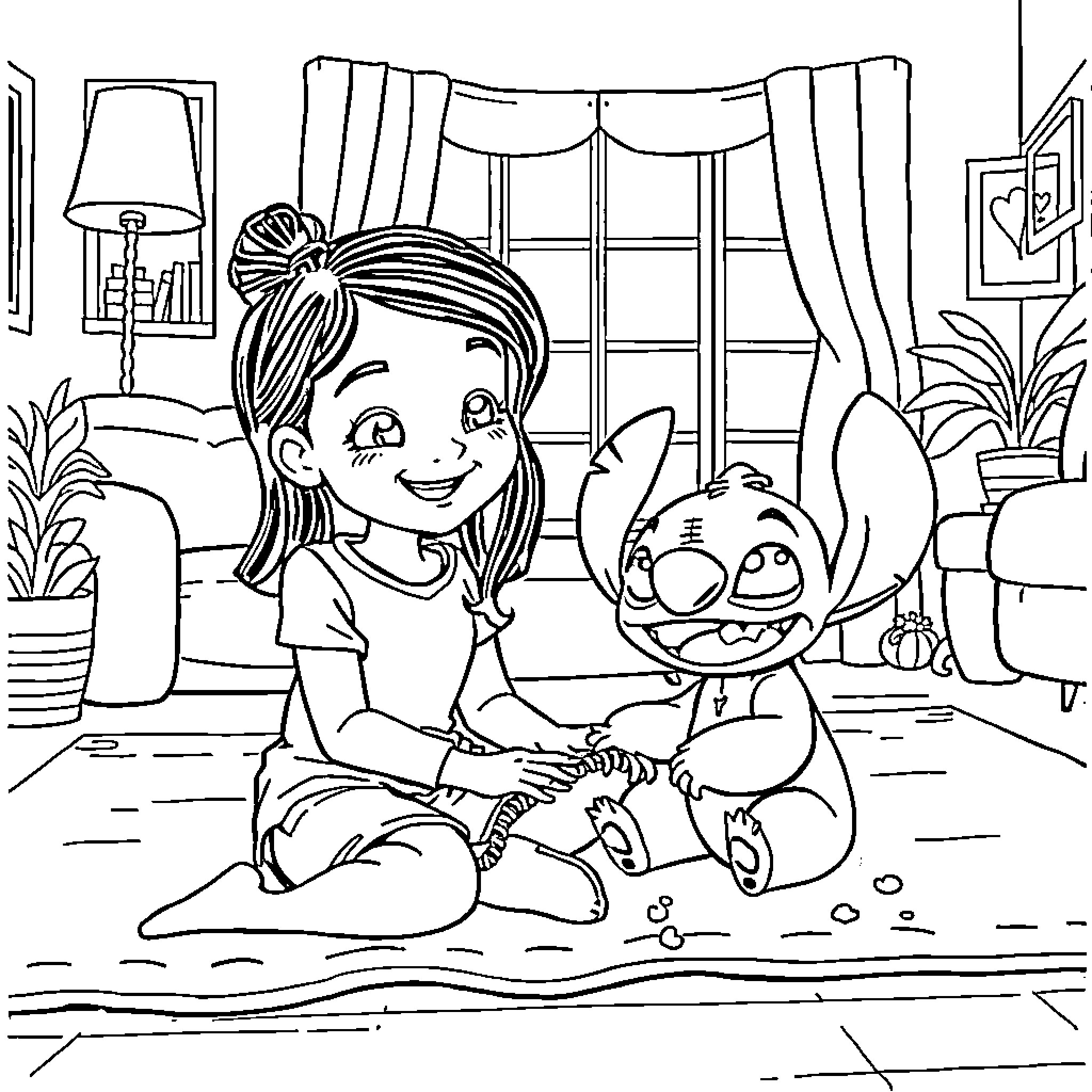 Mira playing happily with a small koala character Coloring Page (free black-and-white line drawing printable PDF for all, from beginners to advanced learners, including children, teens, adults, and seniors)