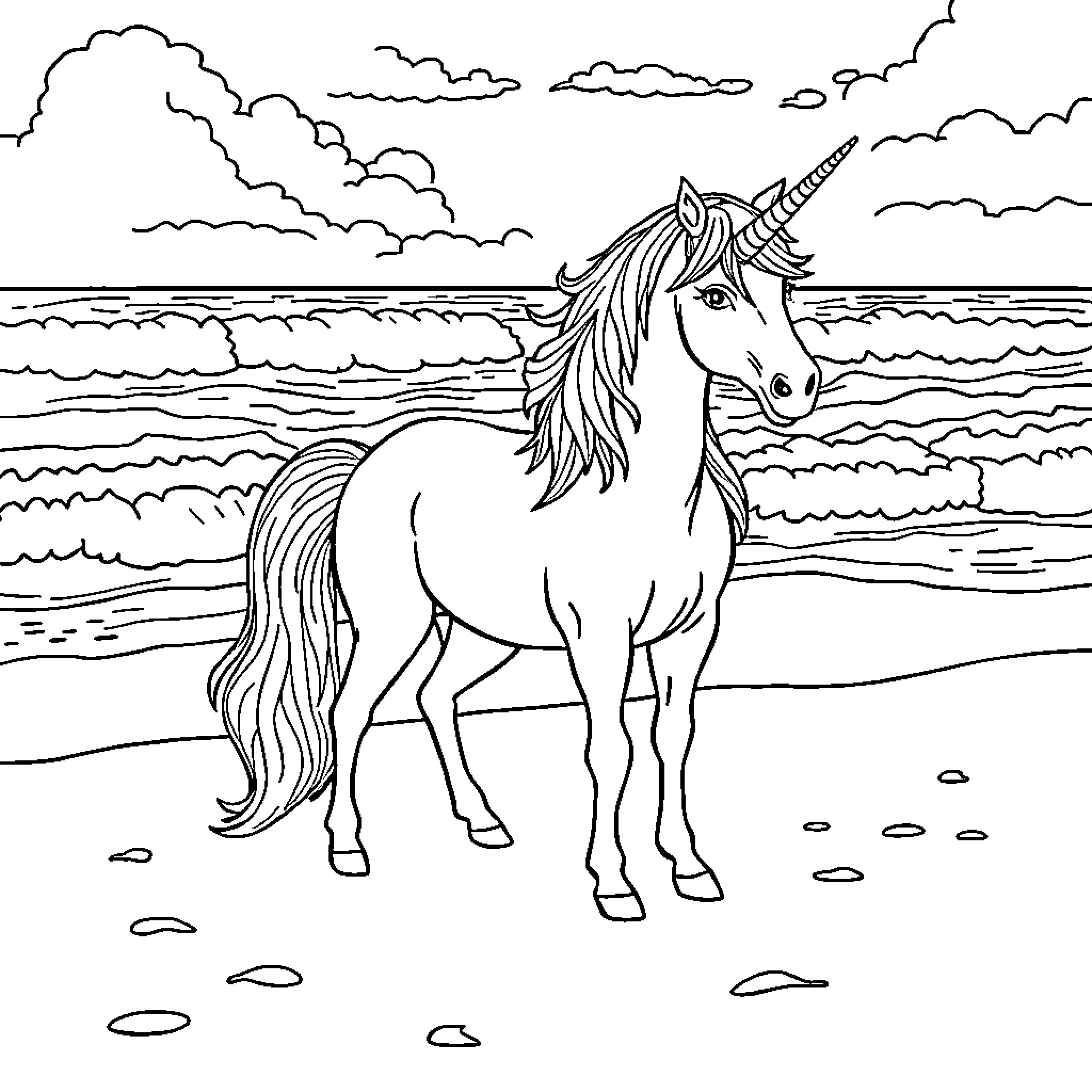 Unicorn standing proudly on the beach Coloring Page (free black-and-white line drawing printable PDF for all, from beginners to advanced learners, including children, teens, adults, and seniors)