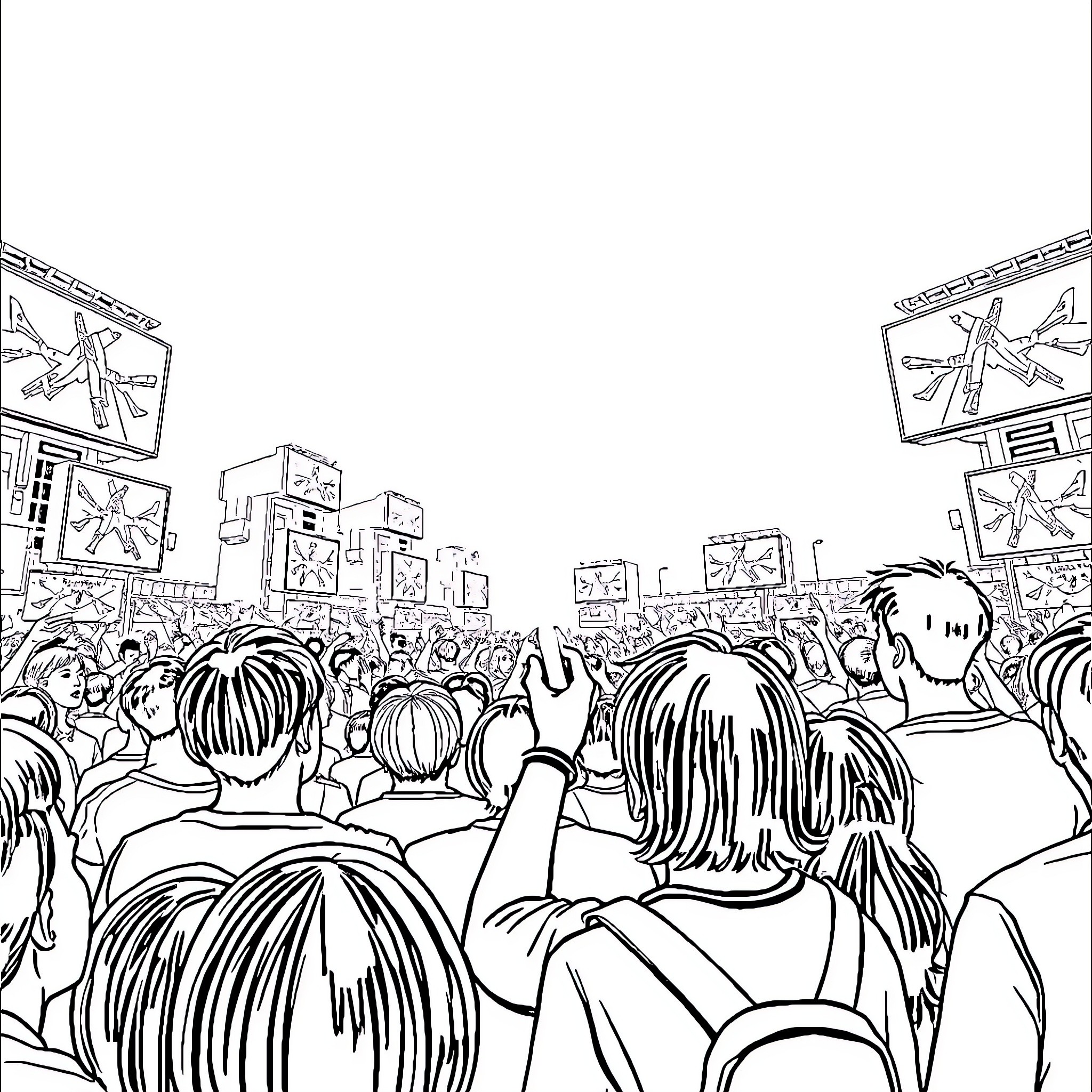 Lightstick Waving Crowd at Lively Concert Event Coloring Page (free black-and-white line drawing printable PDF for all, from beginners to advanced learners, including children, teens, adults, and seniors)