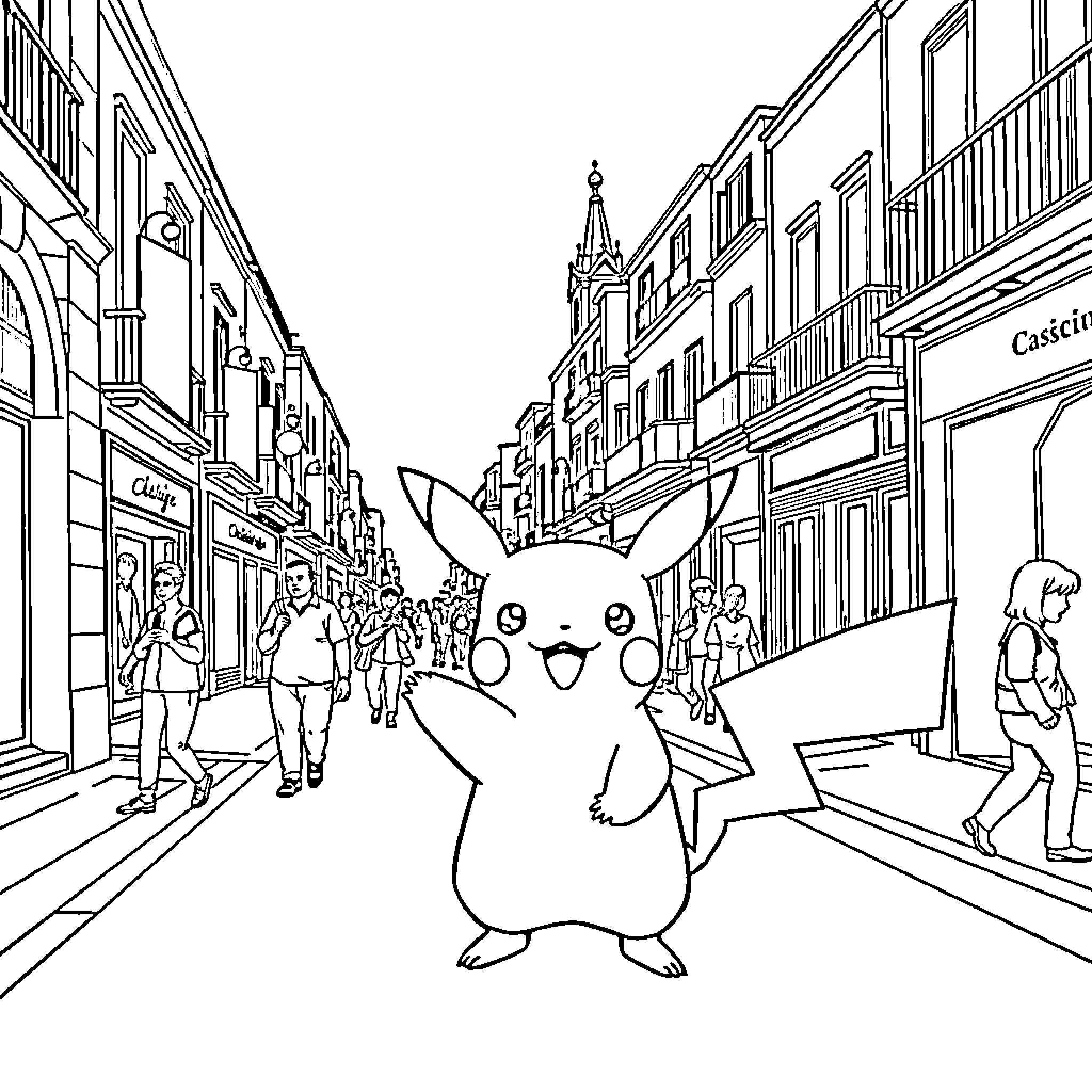 Pikachu exploring a bustling city street Coloring Page (free black-and-white line drawing printable PDF for all, from beginners to advanced learners, including children, teens, adults, and seniors)