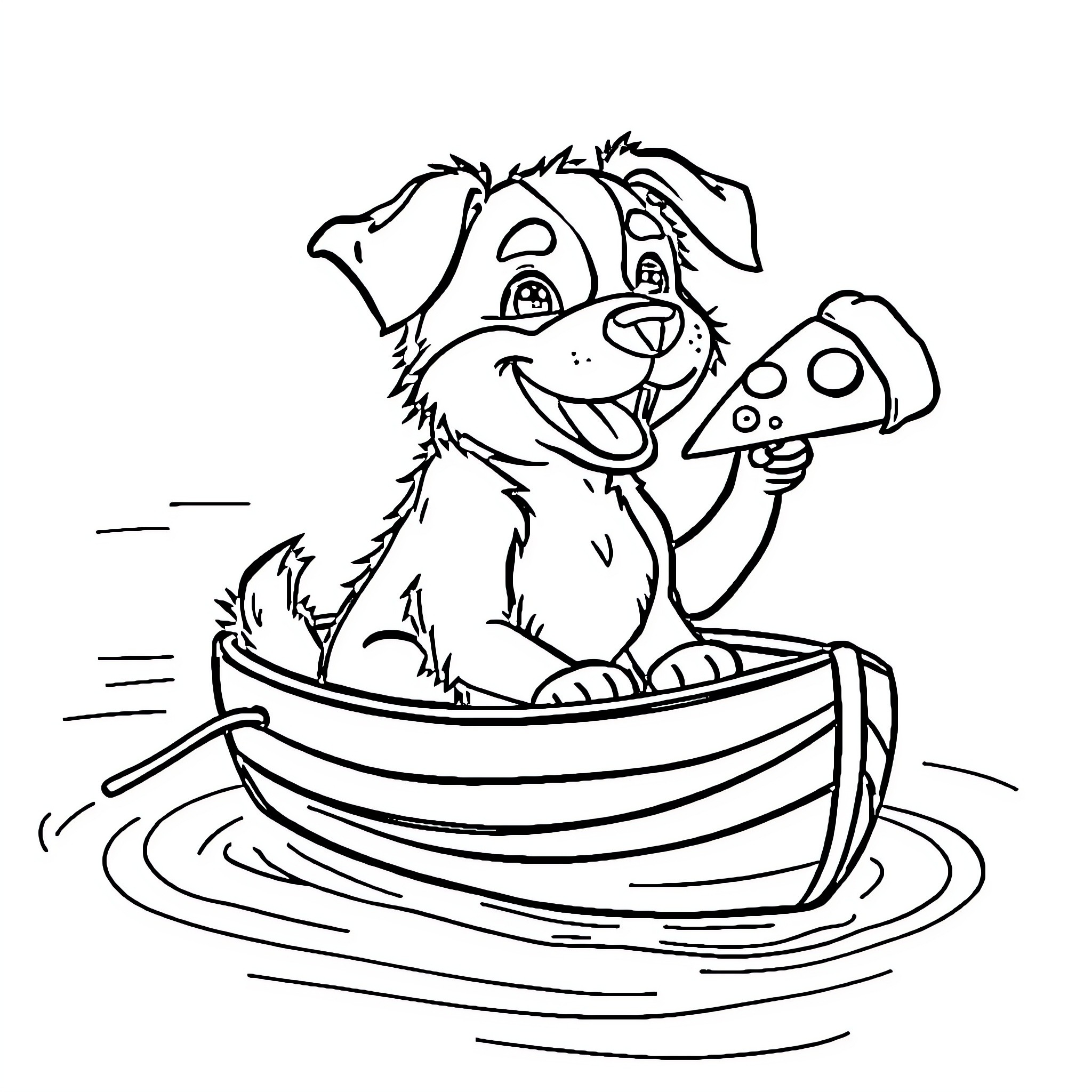 Dog riding a boat and eating pizza Coloring Page (free black-and-white line drawing printable PDF for all, from beginners to advanced learners, including children, teens, adults, and seniors)